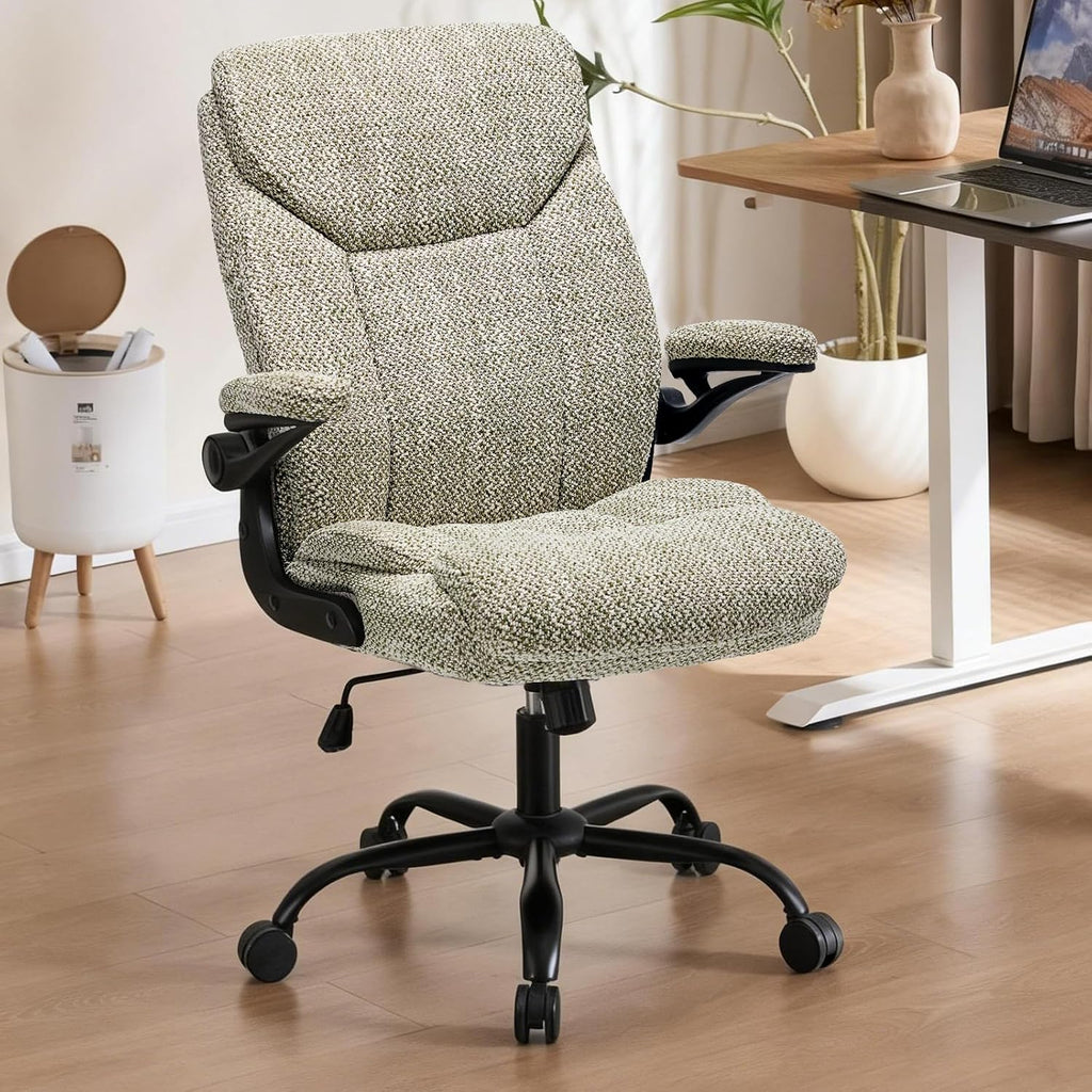 Cloth Office Chair Adjustable Desk Chair Mid Back Executive Comfortable Fabric Ergonomic Back Support Home Computer Chair with Padded Flip-up Armrest Swivel Wheels, Small Gaming Chair | LightGreen