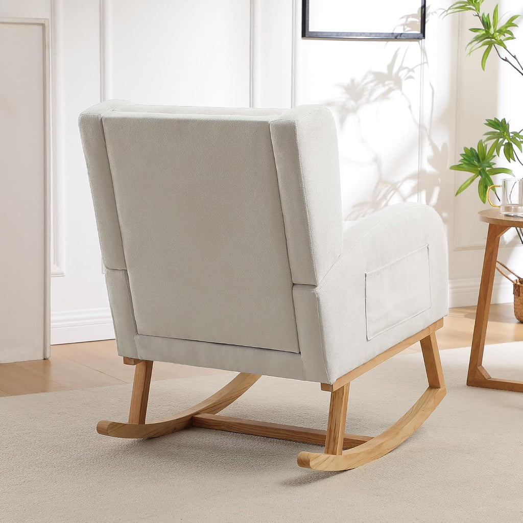 Nursery Rocking Chair,Linen Upholstered Rocker Chair,Wingback Nursing Rocking Chair with High Back for Nursing Adults Living Room, Bedroom(Linen Beige)