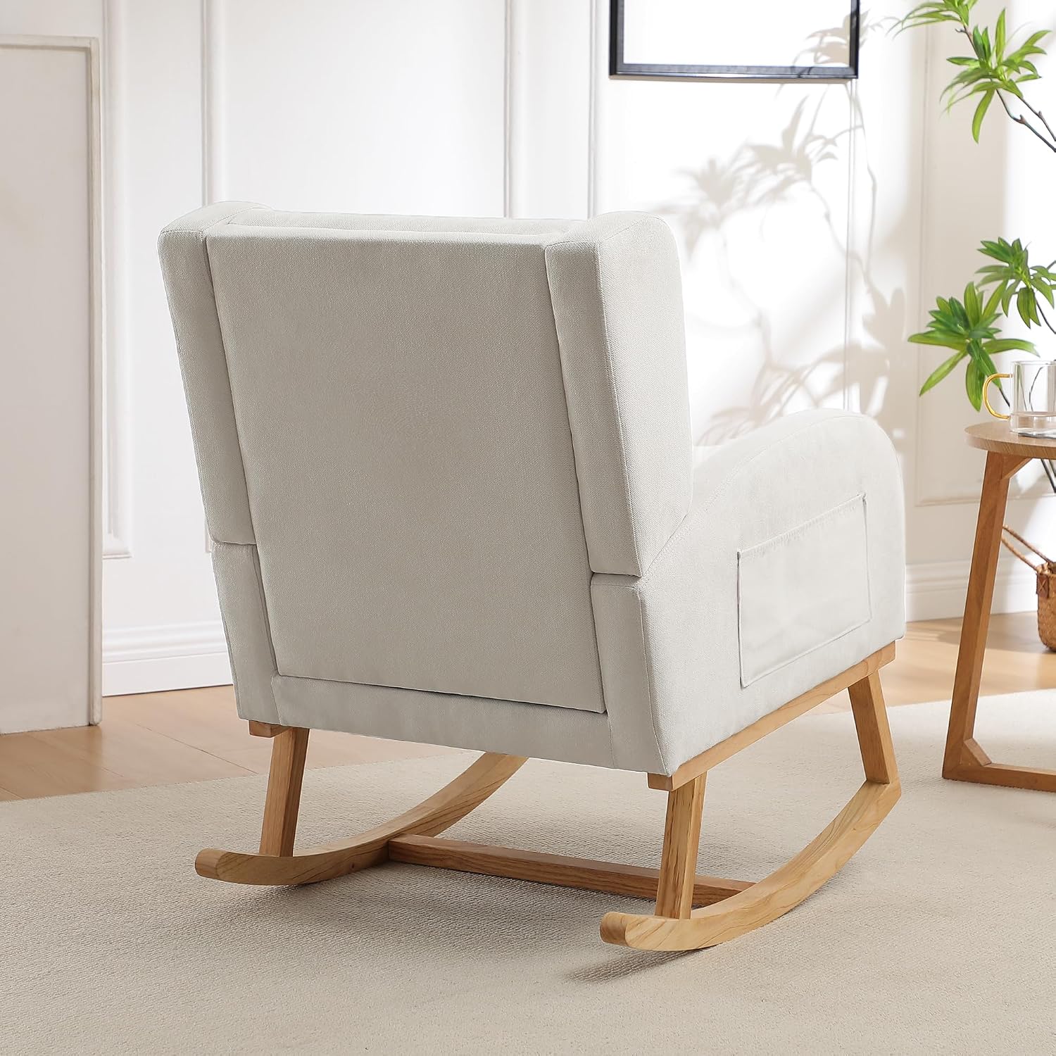 Nursery Rocking Chair,Linen Upholstered Rocker Chair,Wingback Nursing Rocking Chair with High Back for Nursing Adults Living Room, Bedroom(Linen Beige)