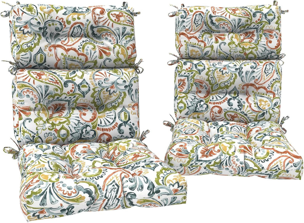 DYTXIII Outdoor High Back Chair Cushions Set of 2, Water Repellent Tufted Rocking Seat Cushions Replacement 44 x 22 Inch, Seat & Back Chair Pads for Patio, Balcony and Indoor Use -Paisley Botanical