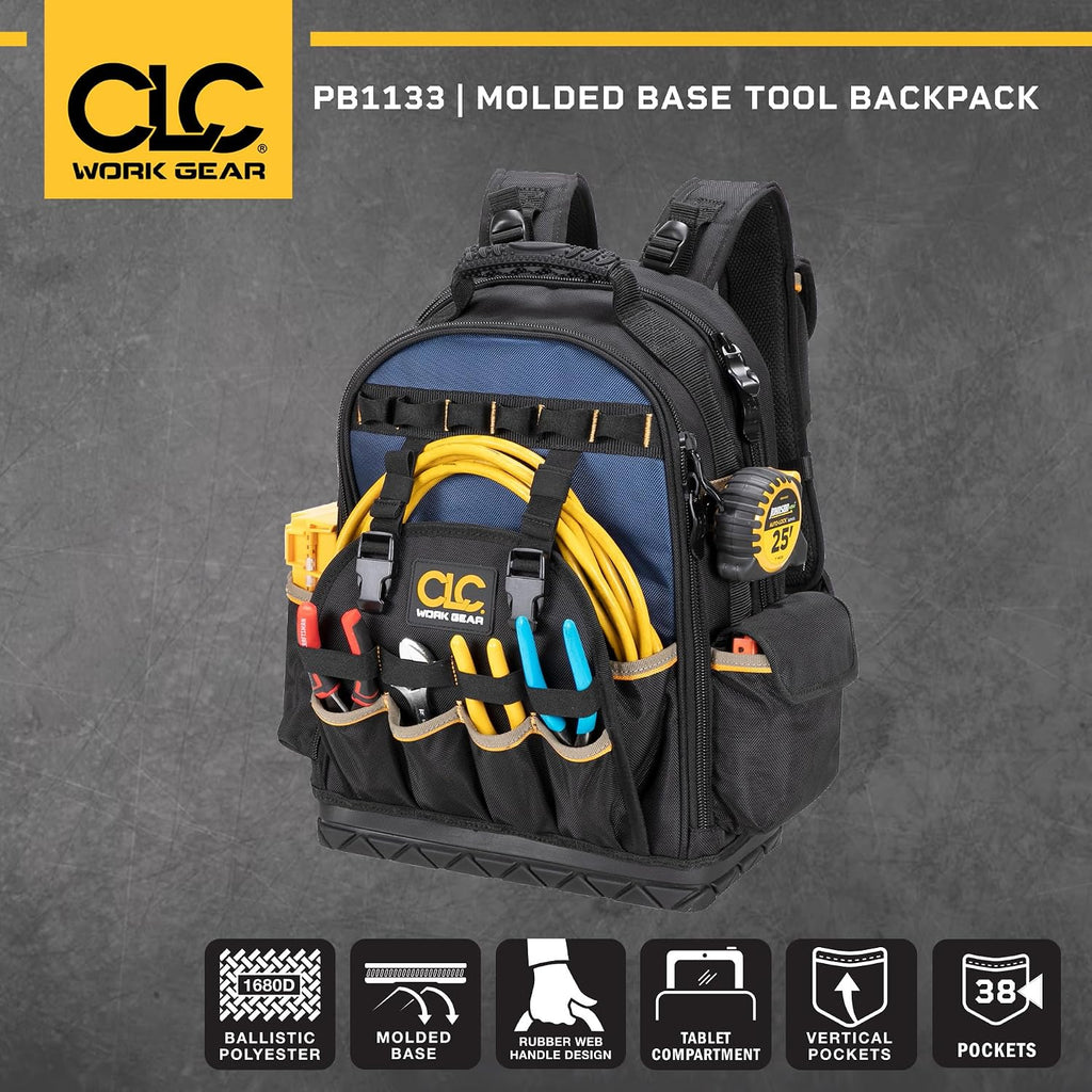 CLC Work Gear PB1133 38 Pocket Molded Base Tool Backpack, Black/Blue