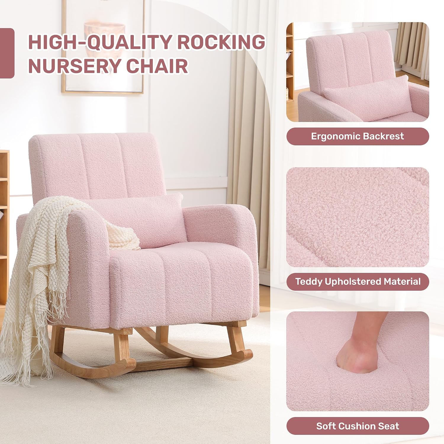 HCHAIRH Rocking Chair with Ottoman, Upholstered Glider Rocker Armchair with High Backrest and Side Pocket, Comfy Reading Chair with Solid Wood Legs for Nursery, Living Room,Bedroom, Pink