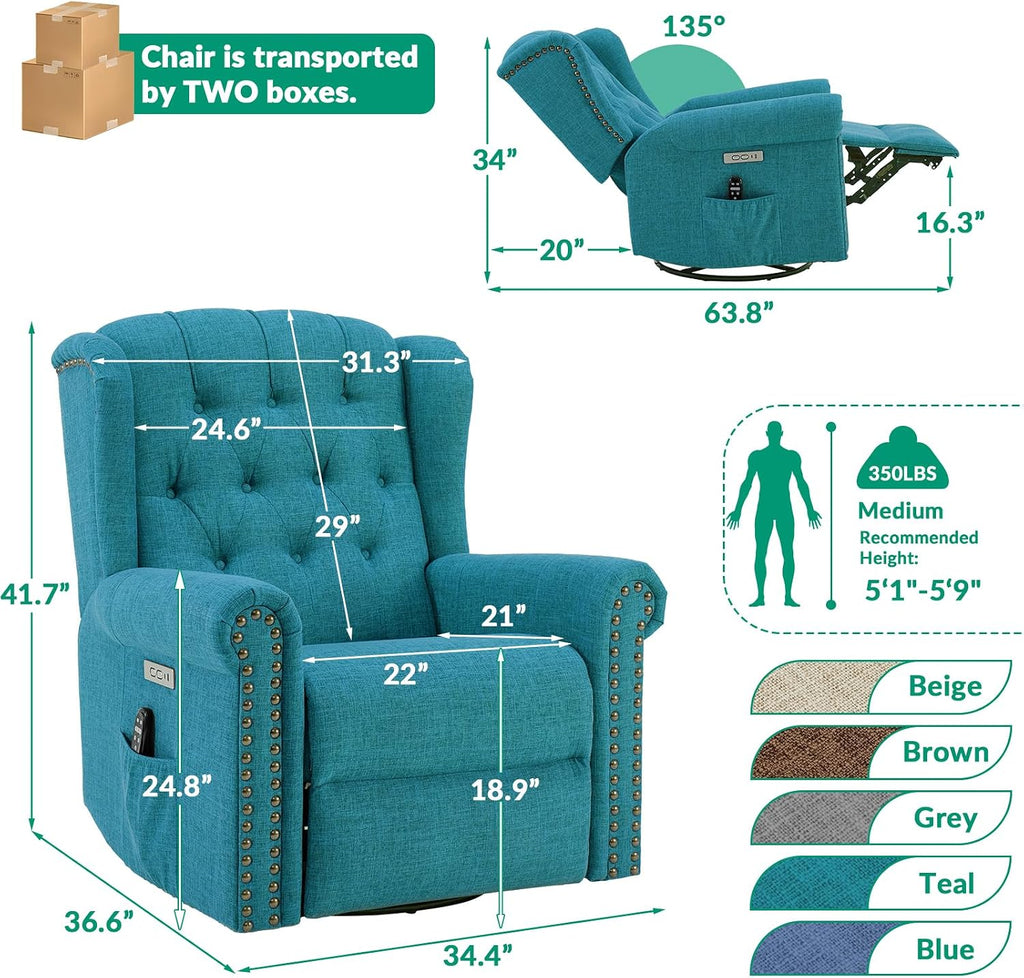 VIVIJASON Power Swivel Rocking Recliner Chair with Massage & Heat, Electric Rocker Glider Chair for Nursery, Wingback Tufted Upholstered Recliner W/Type-C & USB Ports for Living Room, Bedroom, Teal