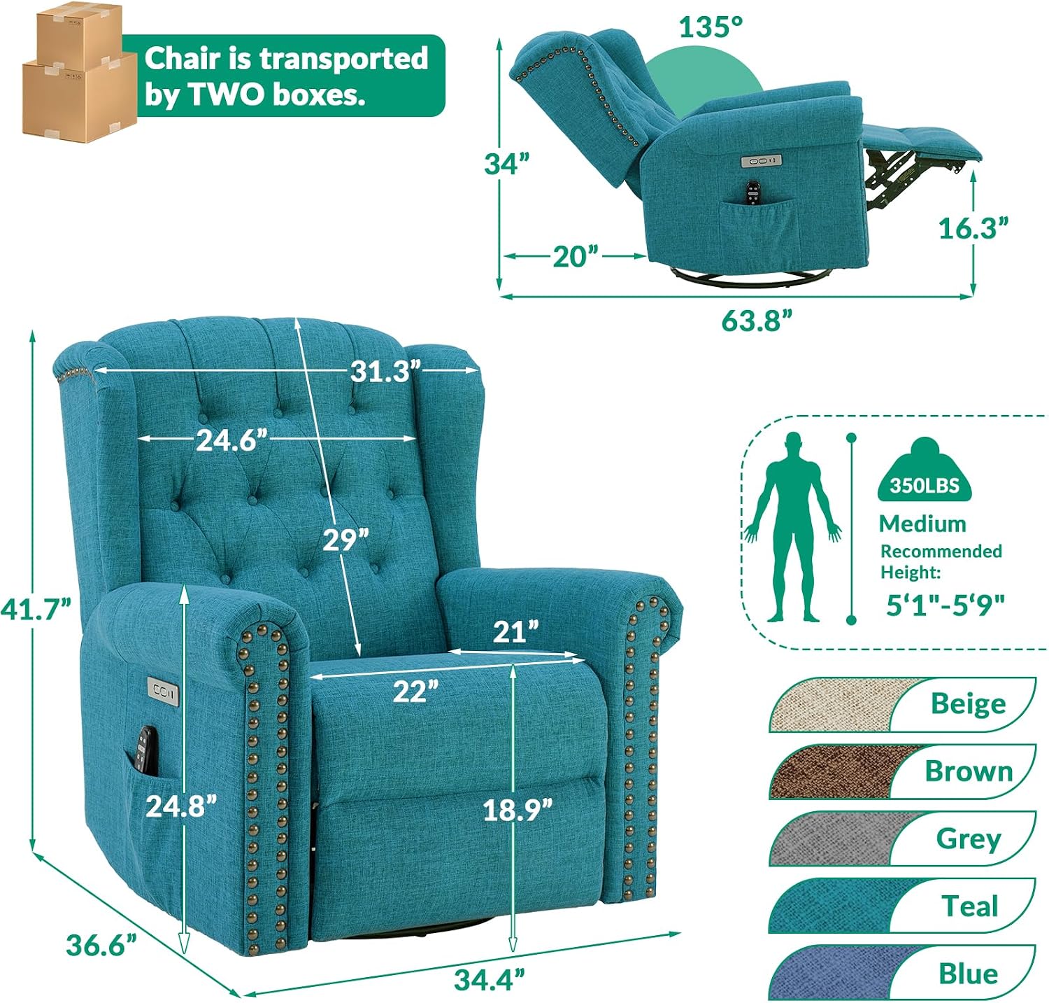 VIVIJASON Power Swivel Rocking Recliner Chair with Massage & Heat, Electric Rocker Glider Chair for Nursery, Wingback Tufted Upholstered Recliner W/Type-C & USB Ports for Living Room, Bedroom, Teal