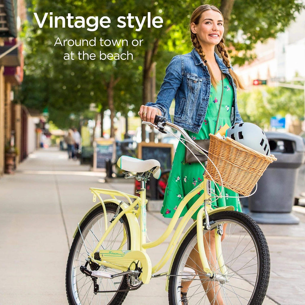 Schwinn Perla Cruiser Bike, 26 Inch Bike for Women and Men, 7-Speed Beach Cruiser Bicycle, Linear Pull Brakes, Comfortable Quilted Seat, Upright Riding Position, Adult Bicycle