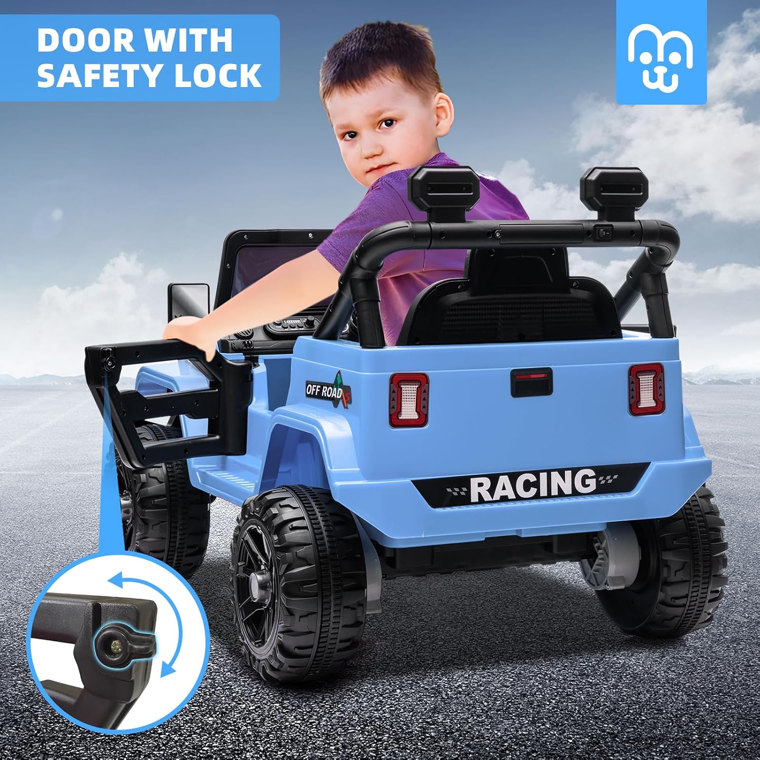 MINIATURE MOTORS 12V Kids Electric Ride on Truck Car Remote Control, Twin 35W Motors 3.5MPH Max Speed, Bluetooth Music Player, 4 Wheels Suspension LED Lights Safety Belt, Gift for Boys & Girls-Blue