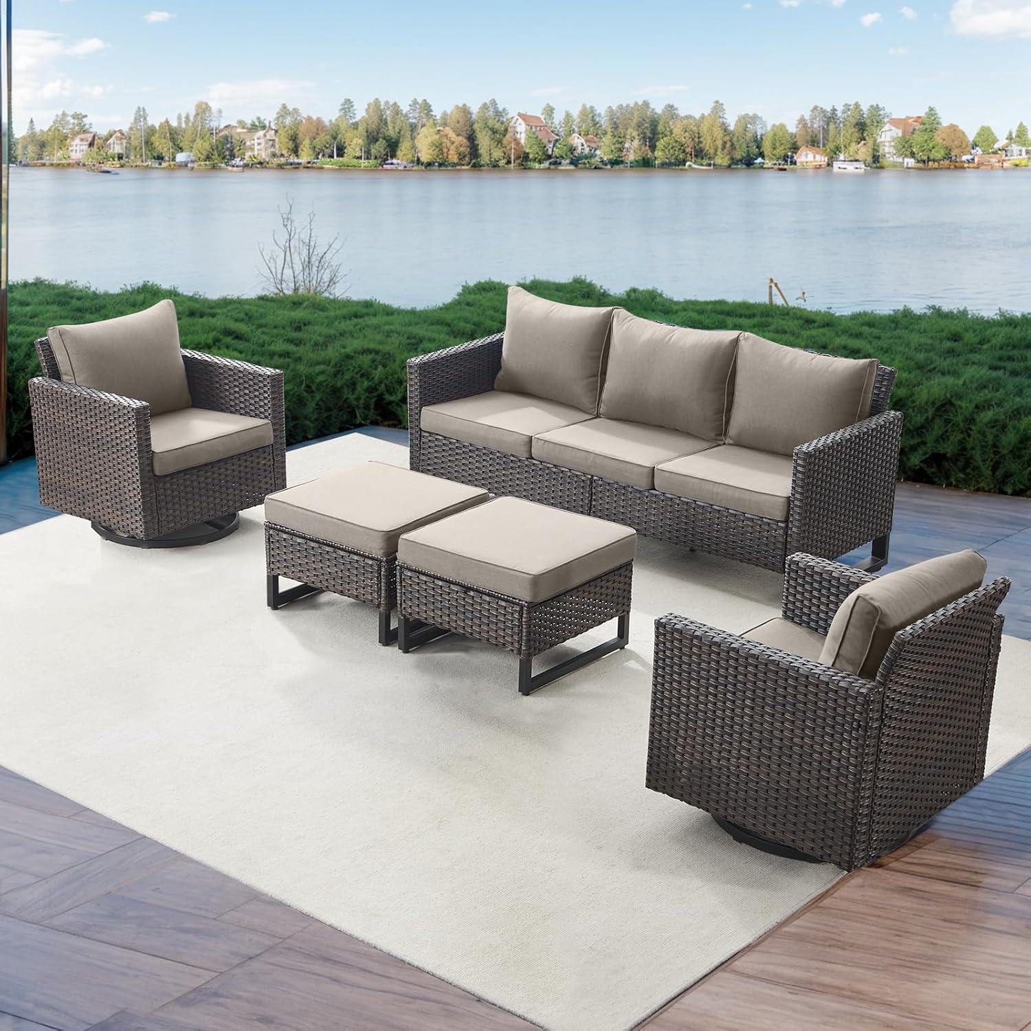 Rilyson Luxury Wicker Outdoor Patio Furniture Set of 5-5 Piece Patio Conversation Set with 2 Swivel Rocker Chairs,2 Rattan Ottoman and 1 Couch for Outside Porch Deck Backyard Garden(Brown/Beige)