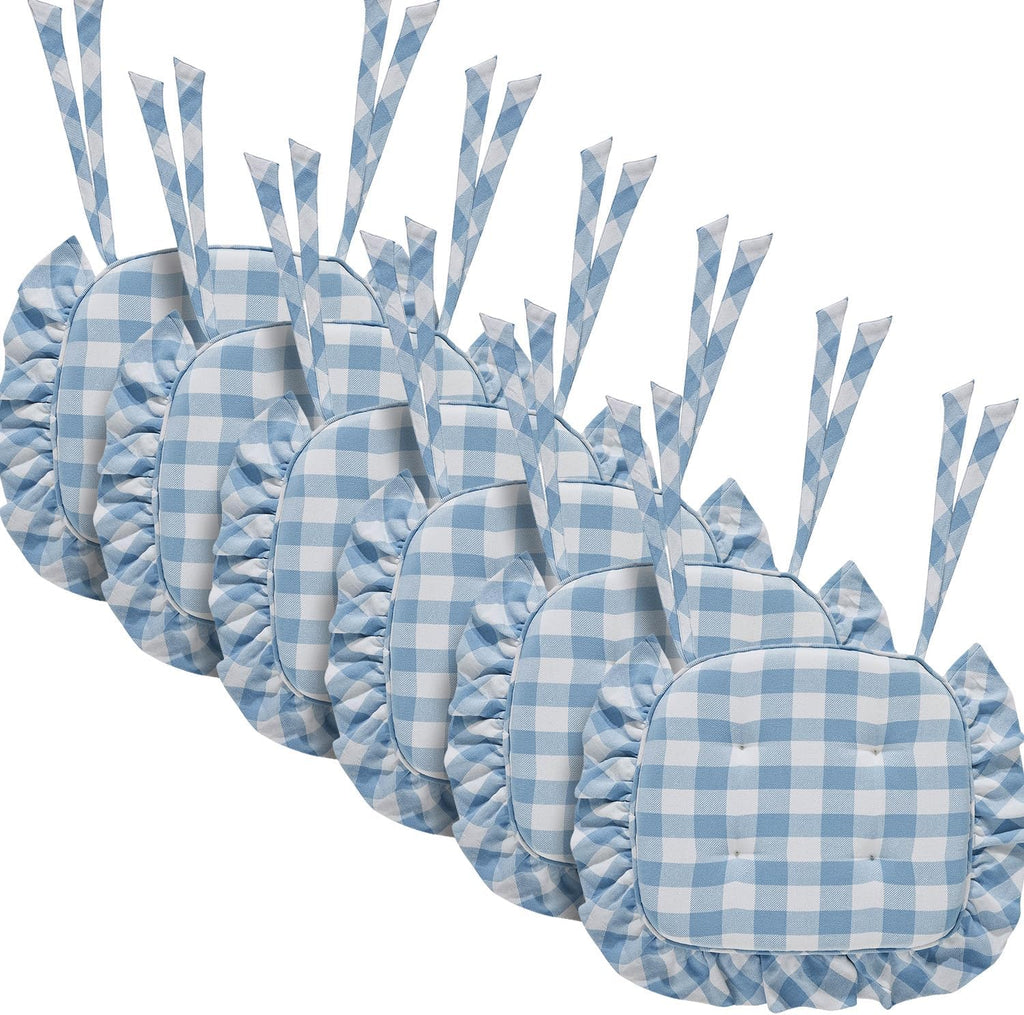 VHC Brands Chair Pad 16.5x18, Cotton Dining Room, Kitchen Chair Pads, Seat Cushion with Ties, Tucked, Annie Buffalo Check Collection, Rectangle 16.5x18, Dusk Blue, Set of 6