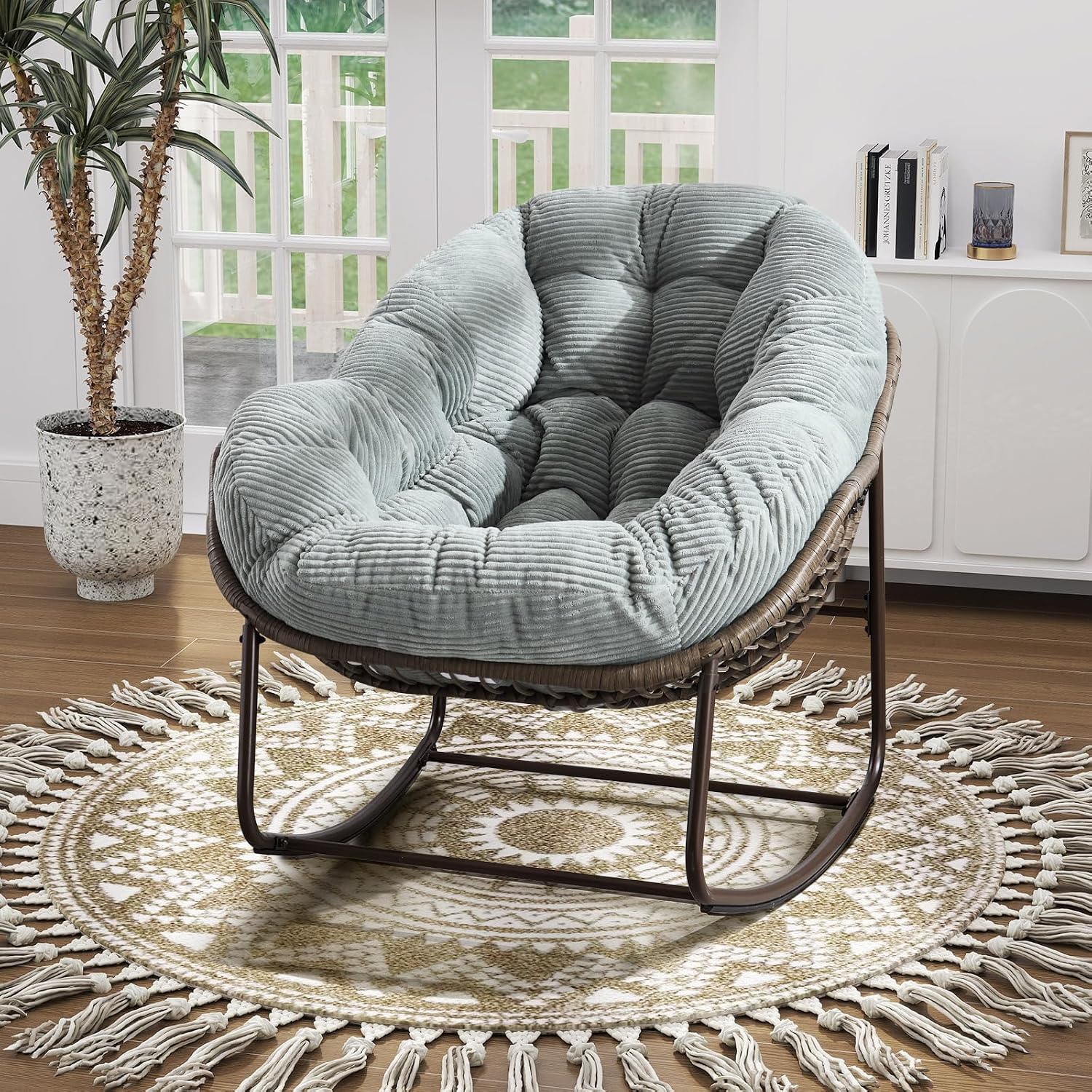 Oversized Indoor/Outdoor Corduroy Rocking Papasan Chair, Modern Egg-Shaped Design with Thick Memory Foam Cushion, Green