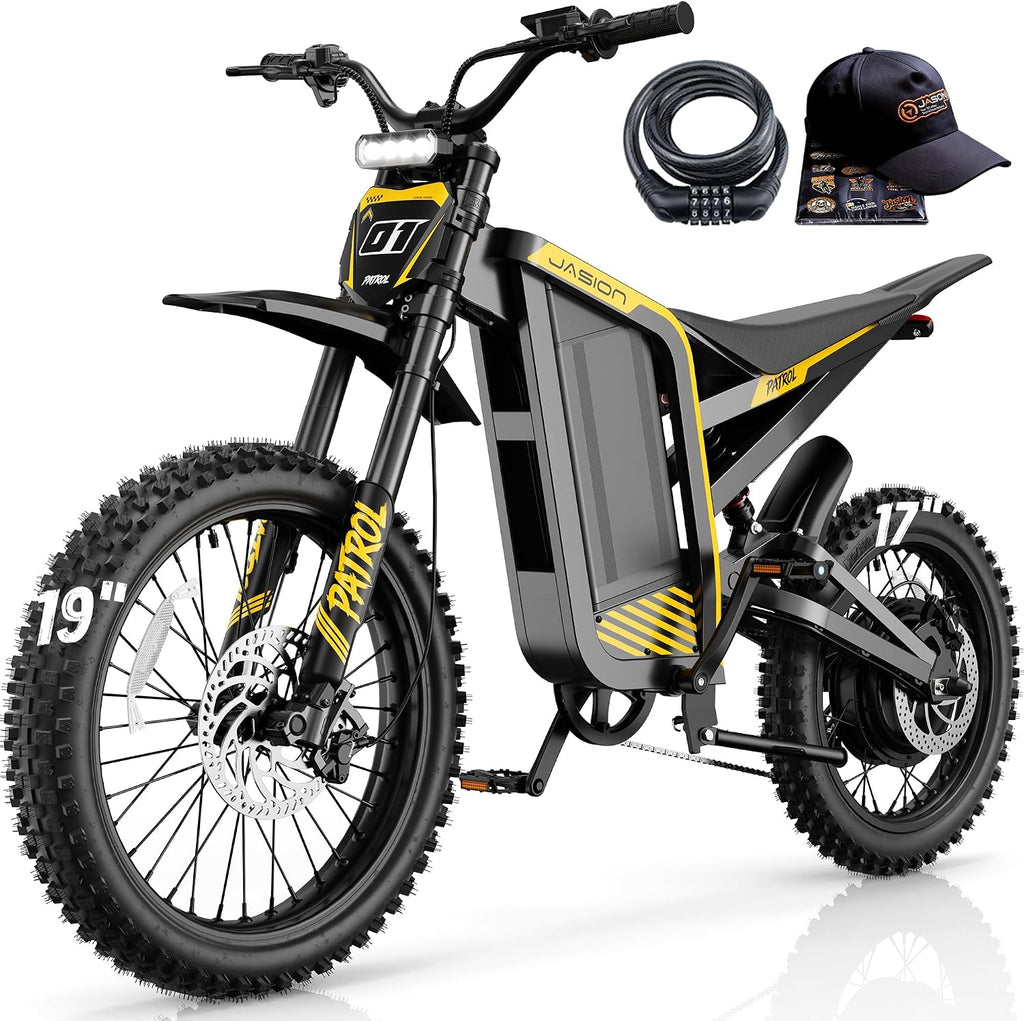 Jasion Patrol 52 Electric Dirt Bike for Adults&Teens,4000W Peak 40MPH Electric Bike with 52V 30AH 1560Wh Battery E Dirt Bike,50-Mile Range,19''/17''Off-Road Tires,Full Hydraulic Brakes&Dual Suspension