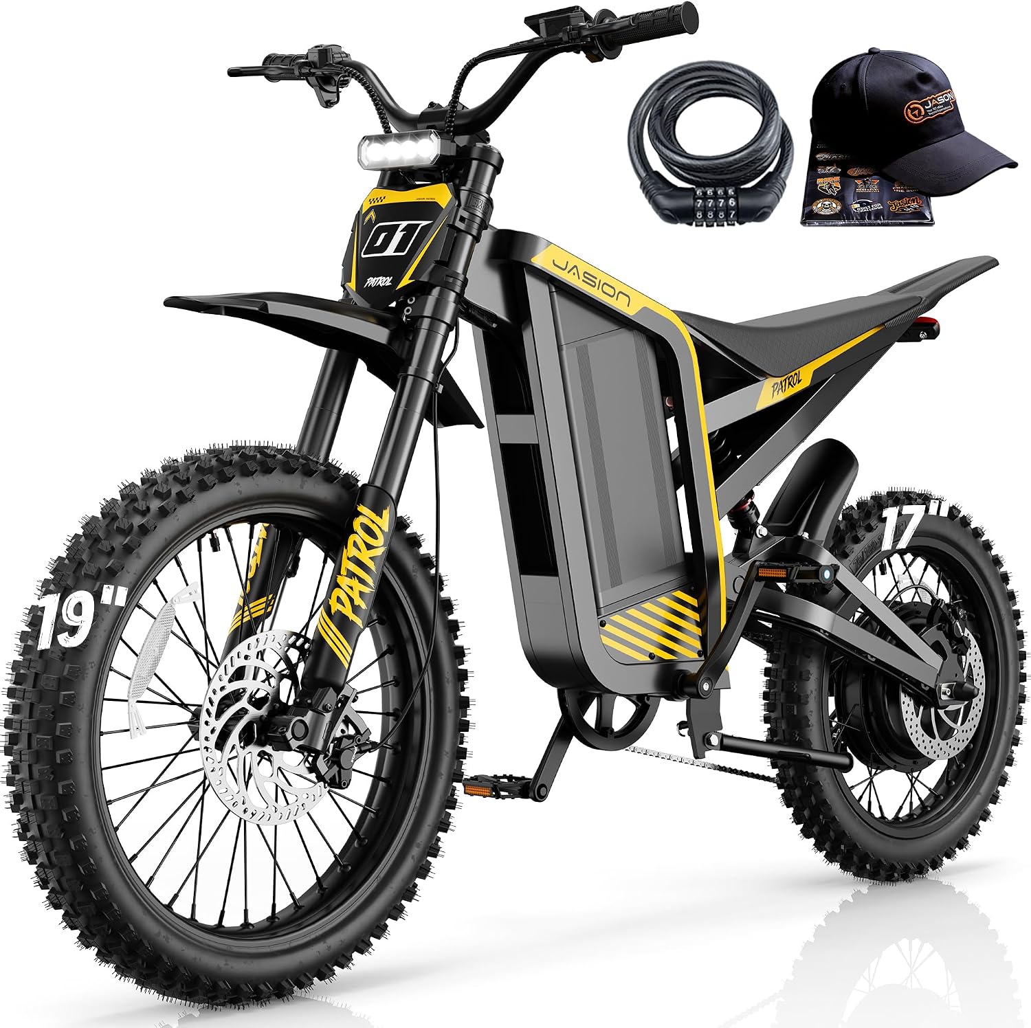 Jasion Patrol 52 Electric Dirt Bike for Adults&Teens,4000W Peak 40MPH Electric Bike with 52V 30AH 1560Wh Battery E Dirt Bike,50-Mile Range,19''/17''Off-Road Tires,Full Hydraulic Brakes&Dual Suspension