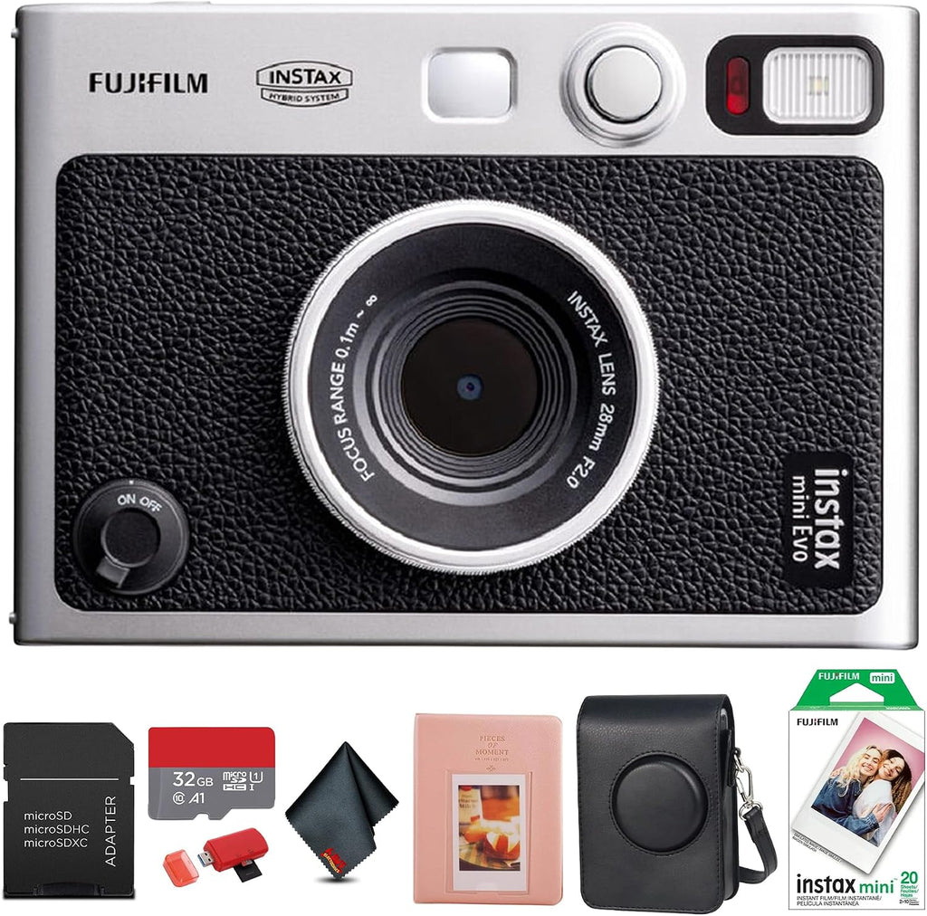 FUJIFILM INSTAX MINI EVO Hybrid Instant Camera (Black) Bundle with 20 Instant Film Sheets + 32GB Memory Card + Carrying Case + Photo Album 64 Pockets + Microfiber Cleaning Cloth