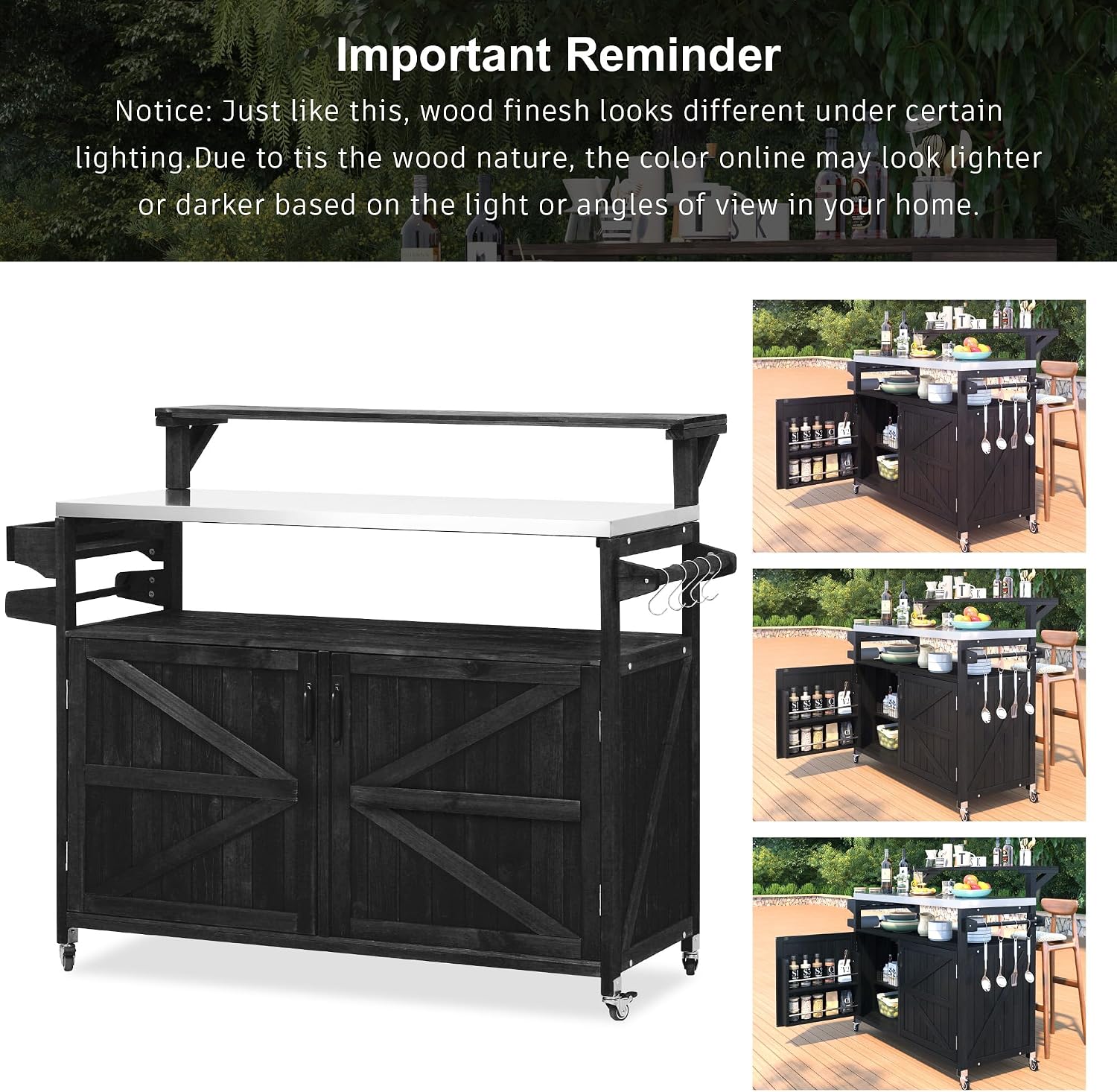 Unique 53.3' Outdoor Kitchen Island with Raised Shelf,Solid Wood Storage Cabinet with Stainless Steel Top,Rolling Grill Cart with Internal Storage Rack, Adjustable Shelf, Spice Rack (Black#e)