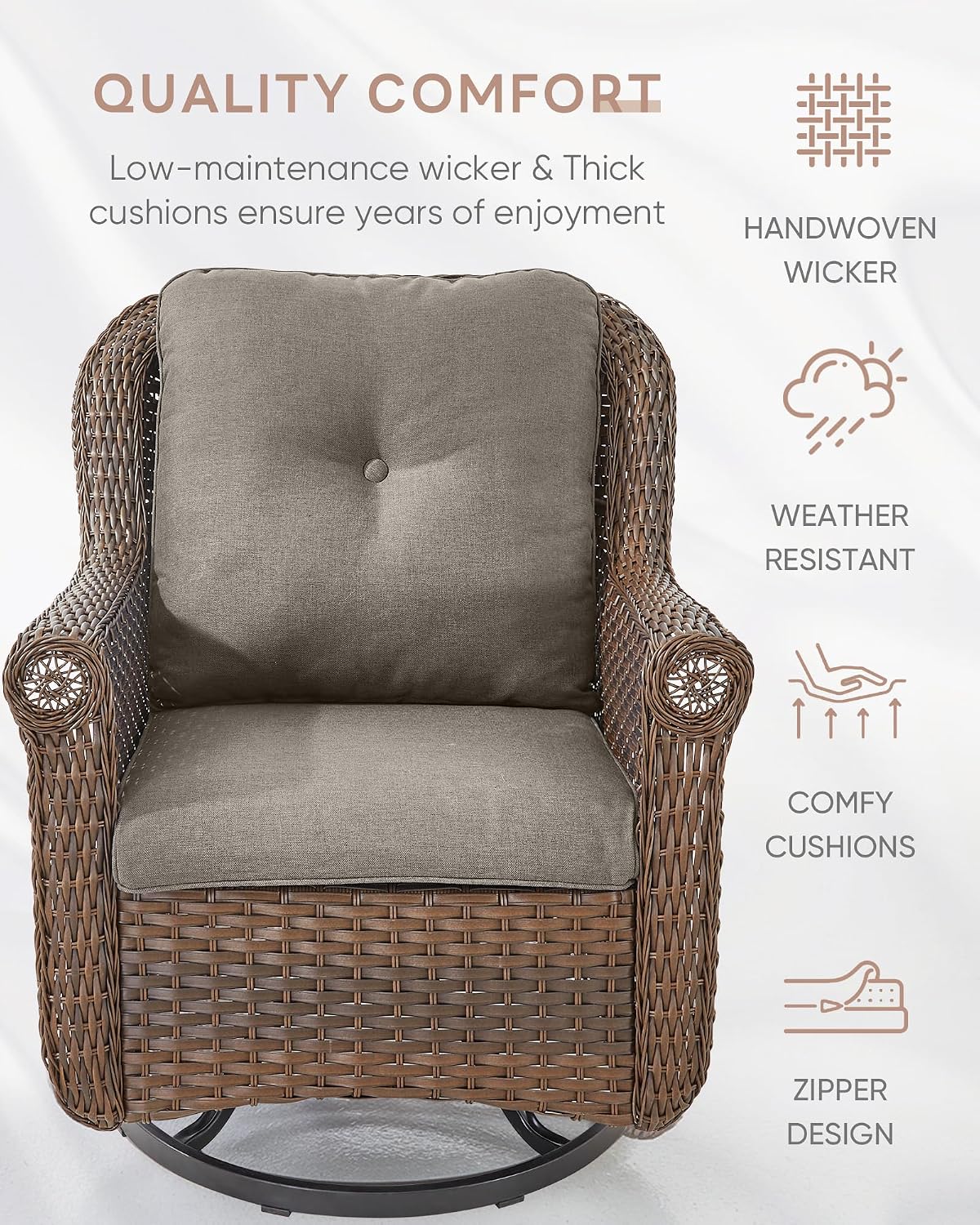 Patio Chairs Outdoor Swivel Glider - Set of 4 High Back Outside Brown Wicker Rattan Rocking Chair with Thick Cushion for Porch Apartment Deck Yard Poolside Garden - Grey