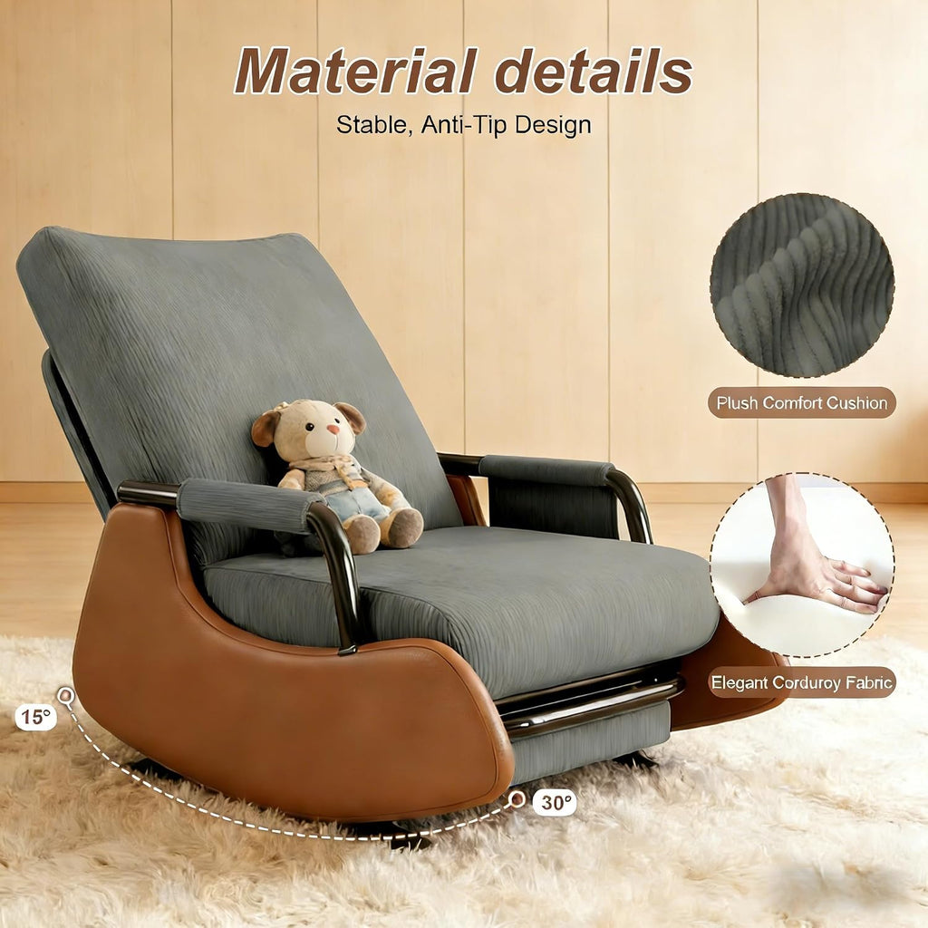 JPBSTO Rocking Chair Nursery, Upholstered Glider Rocking Chair with Side Pocket and Adjustable High Backrest, Foldable Rocker Recliner with Footrest Perfect for Living Room Bedroom, Deep Grey