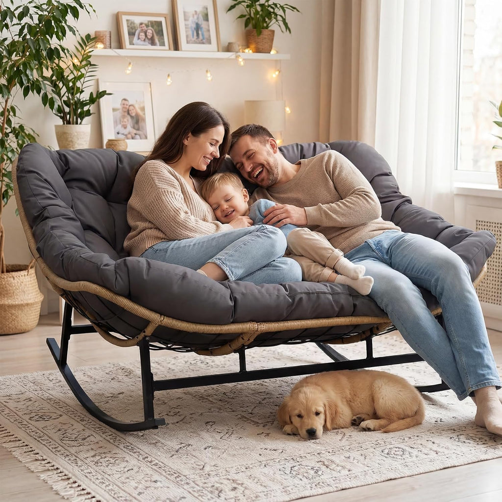 NICESOUL Double Wide Rocking Papasan Chair Outdoor Indoor for 2, PE Wicker Patio Rocking Chair with Cushion and Frame, 700 lbs Heavy Duty Big Comfy Lounge Chair for Porch, Balcony & Living Room, Grey