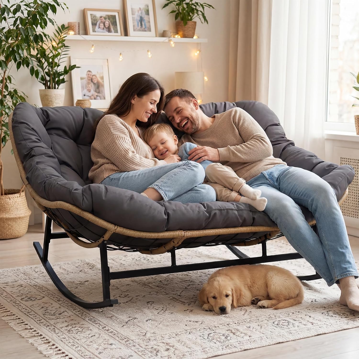 NICESOUL Double Wide Rocking Papasan Chair Outdoor Indoor for 2, PE Wicker Patio Rocking Chair with Cushion and Frame, 700 lbs Heavy Duty Big Comfy Lounge Chair for Porch, Balcony & Living Room, Grey
