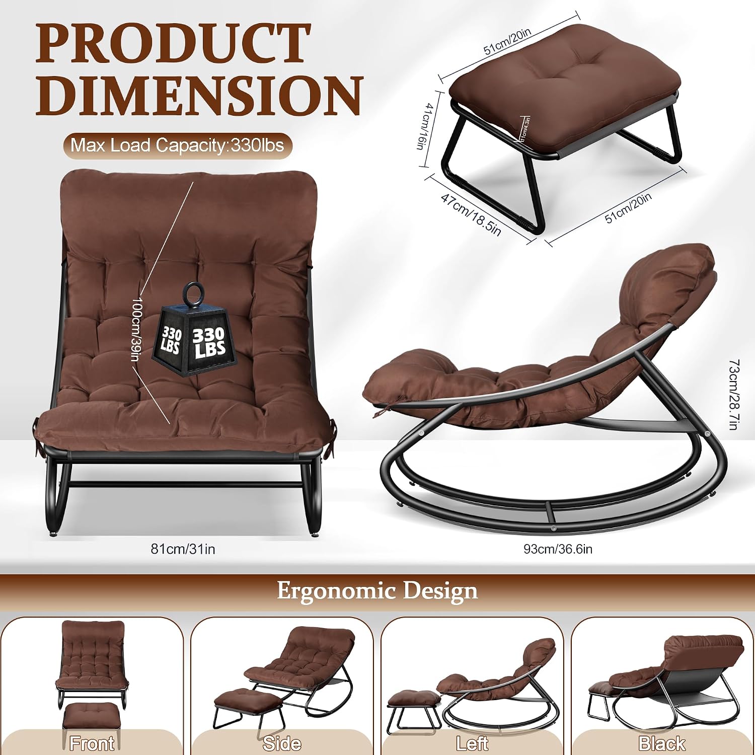 Outdoor Rocking Chair with Footstool, Oversized Patio Rocker with Deep Seat Thick Cushion, Rrocking Chairs for Bedroom, Living Room, Porch, Garden, Lawn (Brown)