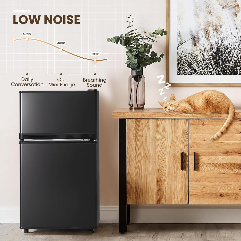 Manastin 3.55 Cu.Ft Mini Fridge with Freezer, 2-Door Small Refrigerator with Adjustable Thermostat, Quiet Mini Refrigerator for Bedroom, Dorm & Office (Black)
