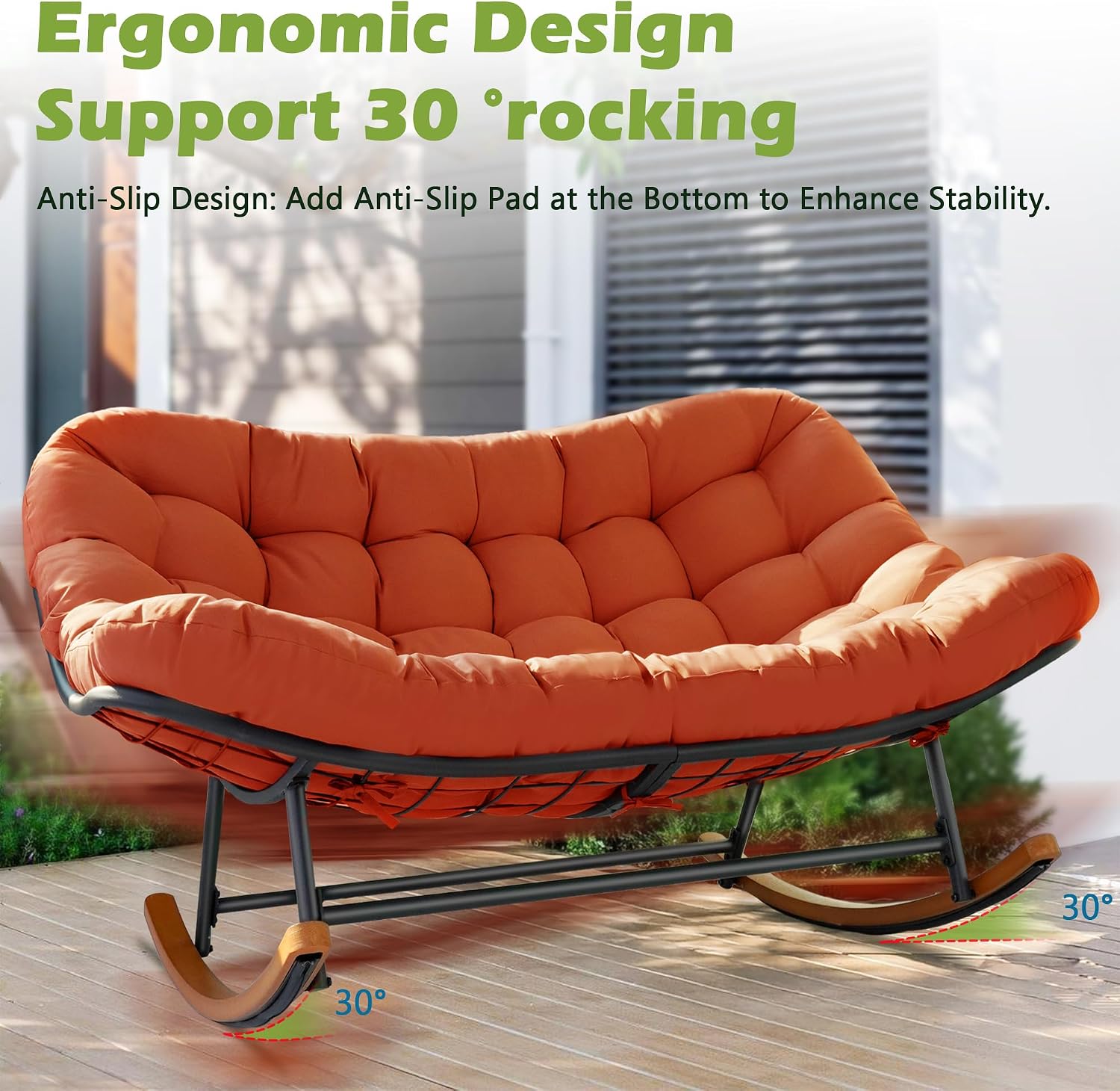 Double Papasan Rocking Chair Outdoor & Indoor, 660LBS Capacity Oversized Patio Rocking Chair for 2-Person with Thick Cushion and Frame,Egg Shaped Rocker for Garden, Deck, Living Room,Red