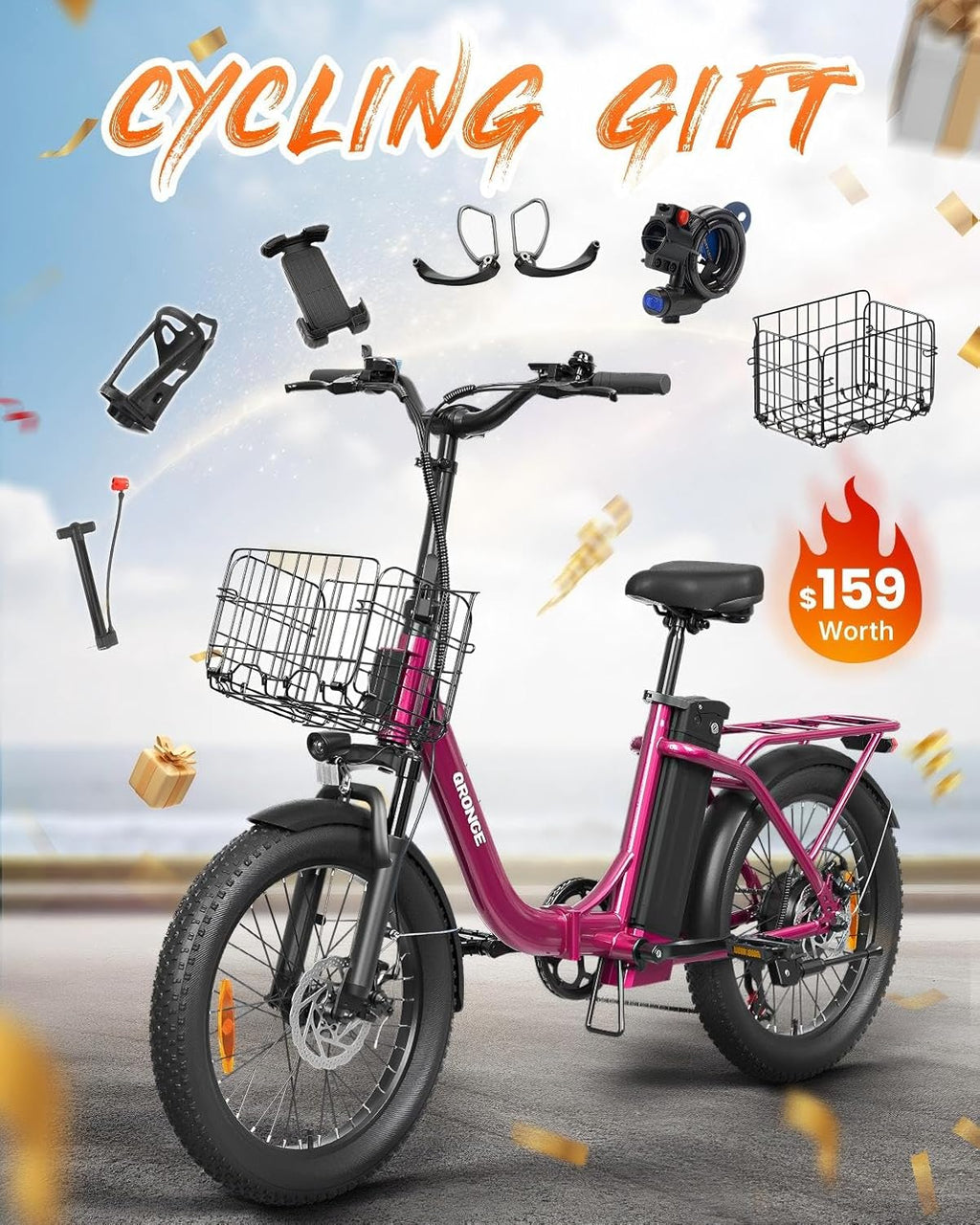 QRONGE Electric Bike, 1000W Peak Folding Electric Bike, 486Wh 70 Miles Range Ebike, Waterproof Removable Battery, 7 Speed, 25 MPH Max, 20' Step-Thru Bicycle with Front Basket
