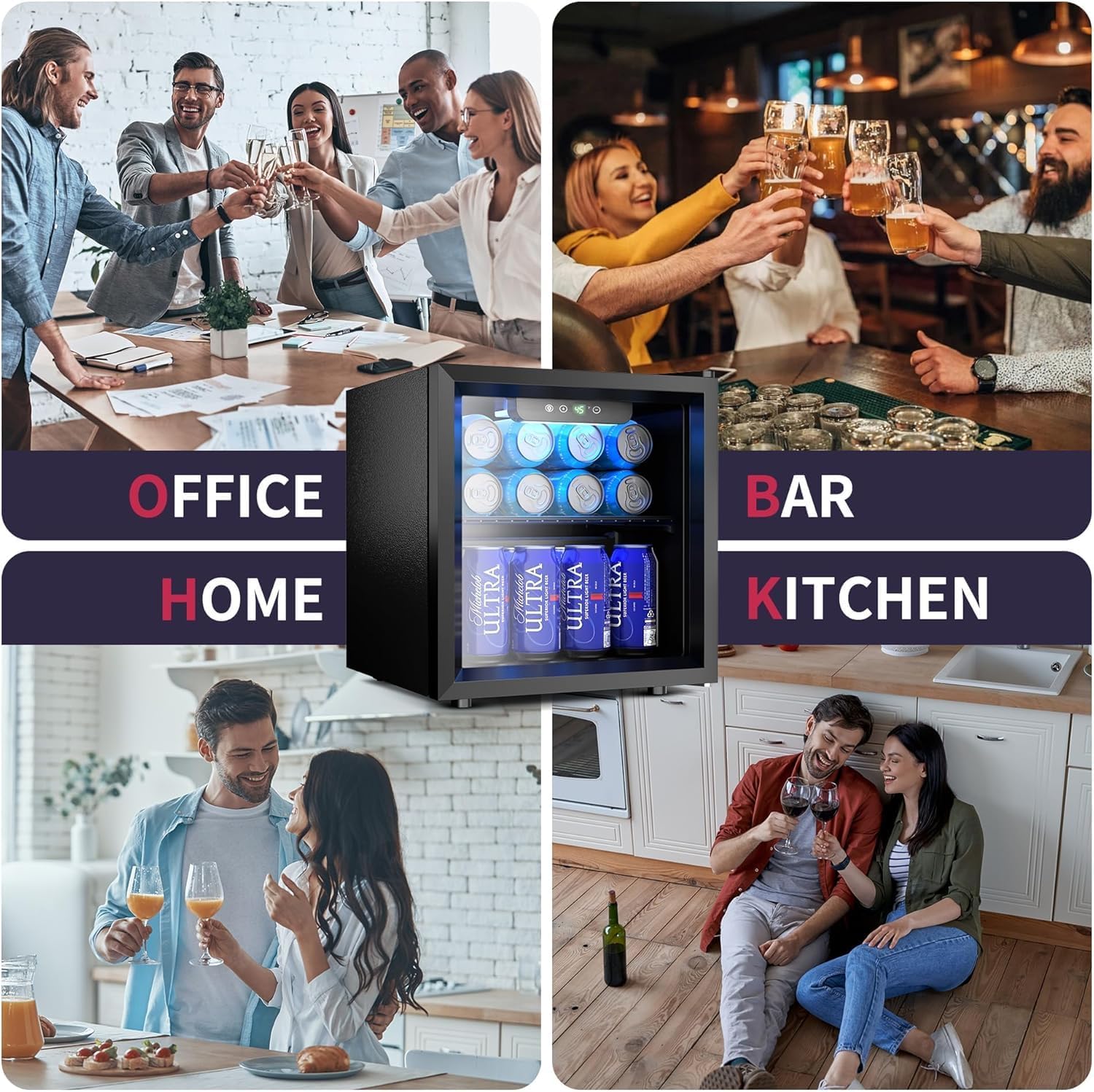 Icyglee 48 Can Beverage Refrigerator Cooler, Mini Fridge Glass Door with Adjustable Shelves, Freestanding Beverage Fridge with Blue LED for Home/Office/Dorm/Bar, 1.3 Cu.ft