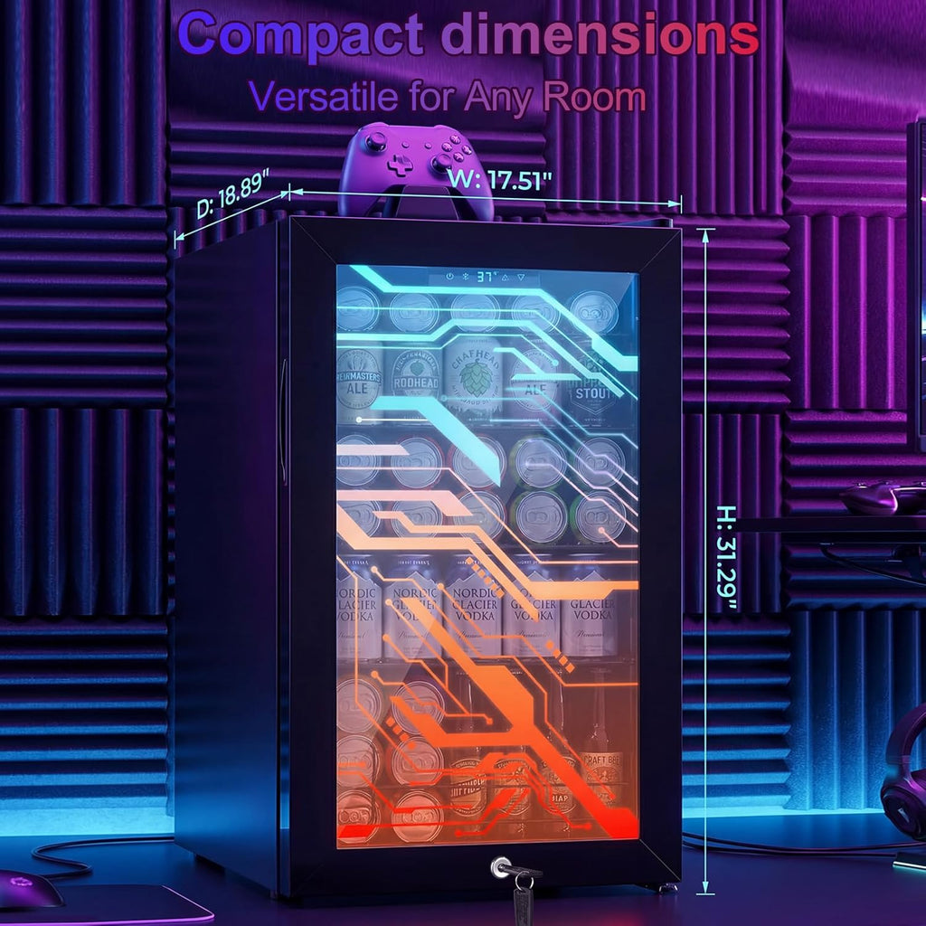 Beverage Refrigerator with LED Light Up Door – 128 Can Freestanding Drink Fridge, Small Beer Cooler with 4 Removable Shelves, Child Safety Lockfor Gaming Room Home Bar Party,Cyberpunk