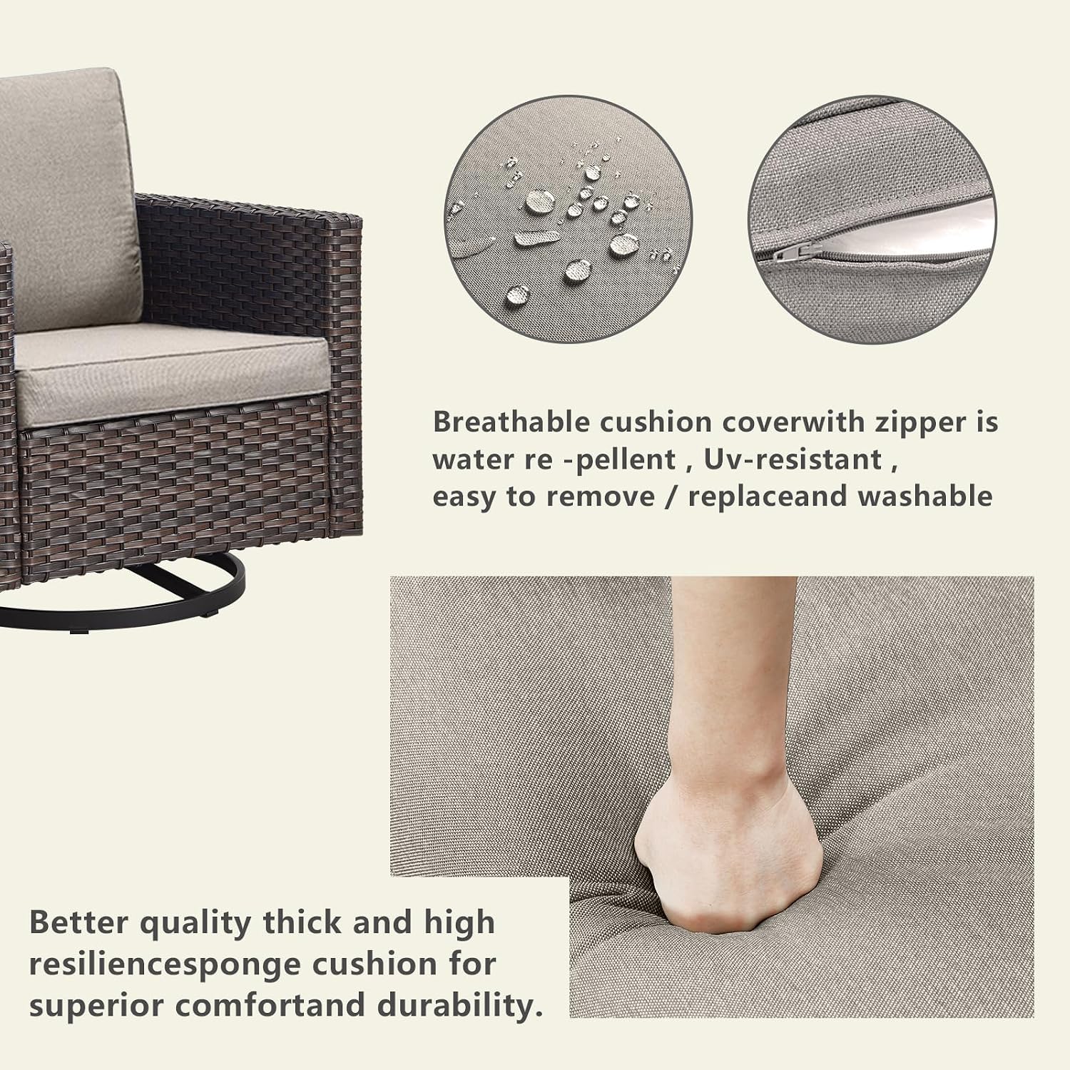 Luxury Outdoor Patio Swivel Rocker Chairs Set of 2 - Wicker Patio Swivel Rocking Chair Water Resistant,Comfortable Cushions and Sturdy Metal Frame for Outside Porch Deck Backyardd(Brown/Beige/1PC)