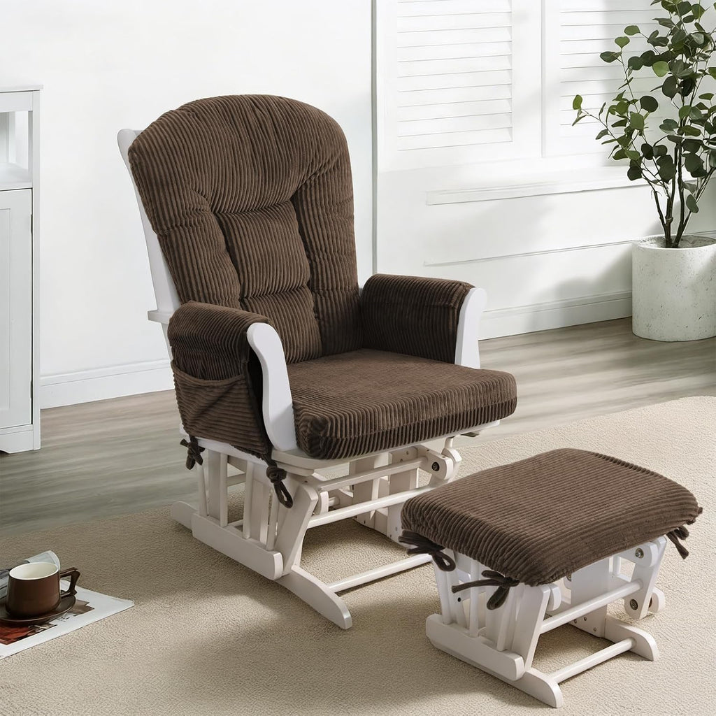 ANMINY 5pcs Glider Rocker Replacement Cushions Set - Thickened Fleece Glider Rocking Chair Cushions with 29.5 inch High Backrest & Side Pockets for Indoor Nursery, Washable & Non Slip, Brown