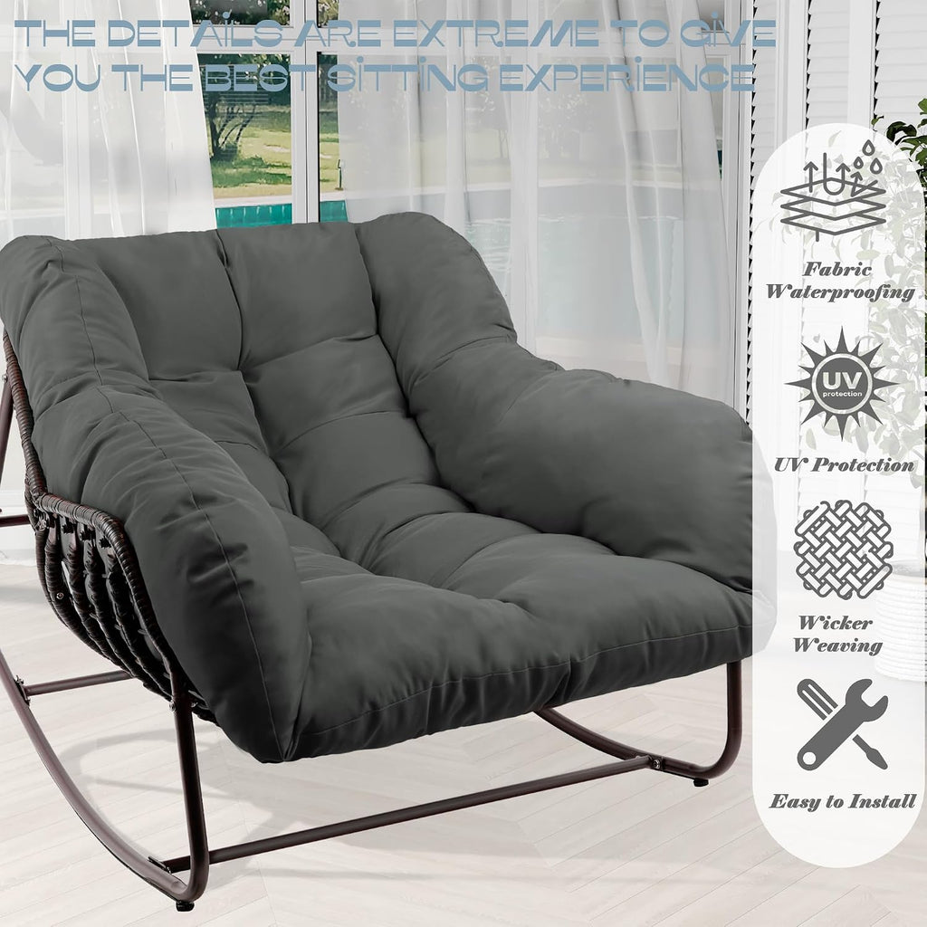 Outdoor Papasan Rocking Chair, Oversized Patio Rocking Chairs with Padded Cushion& Pillow-Comfortable Rocker Egg Chair for Front Porch, Garden, Patio, Backyard,2PC,Grey