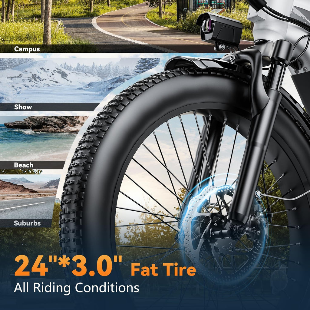 1500W Motor Electric Bike for Adults & Teenager, 48V 20AH Removable Battery Ebike, 24inch Fat Tire Electric Bicycle, Step-Thru E Bike for Commuting & Mountain, Front Suspension
