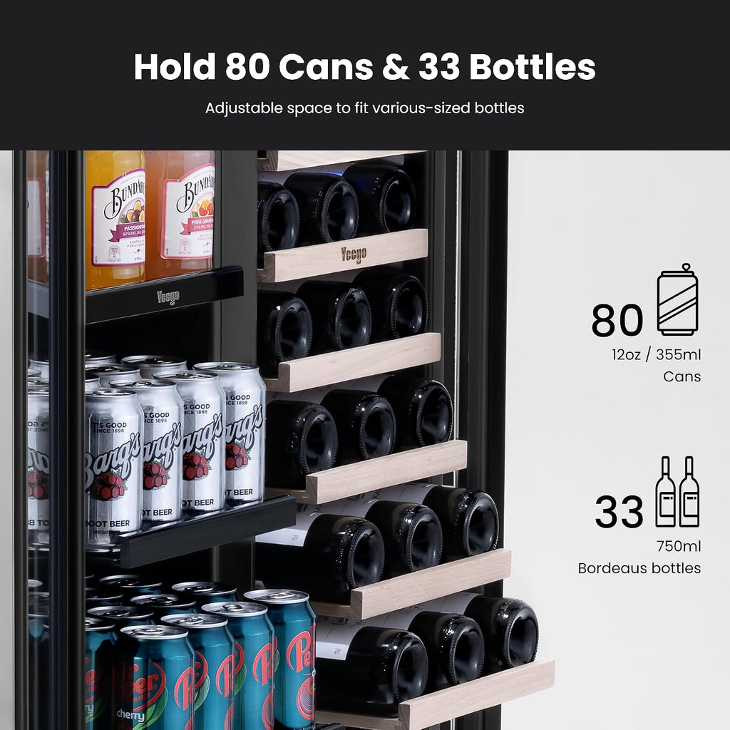 Yeego Wine & Beverage Refrigerator, 30 Inch 80 Cans and 33 Bottles Dual Zone Wine Cooler with Glass Door, 36-72°F Drink Cooler for Built-in or Freestanding, For Kitchen,Bar or Office
