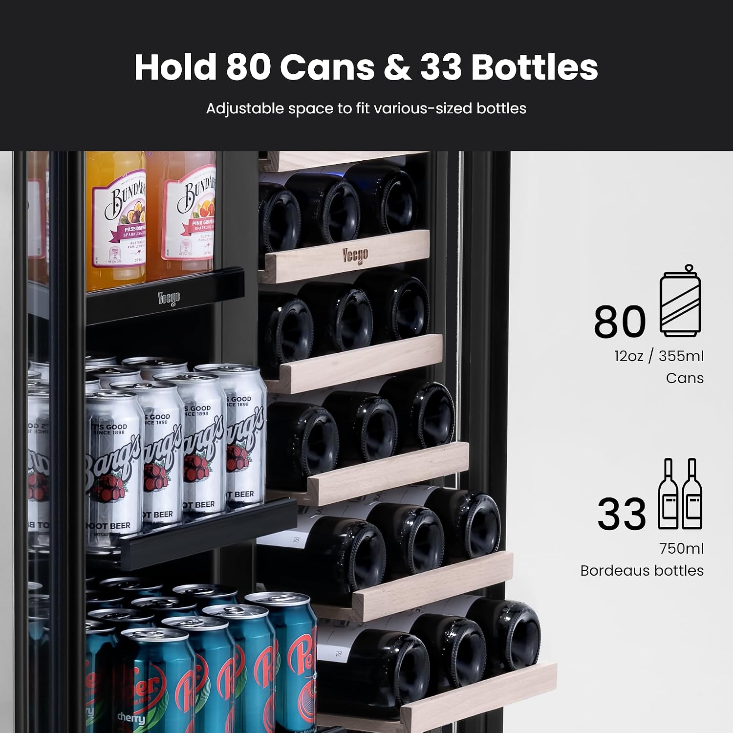 Yeego Wine & Beverage Refrigerator, 30 Inch 80 Cans and 33 Bottles Dual Zone Wine Cooler with Glass Door, 36-72°F Drink Cooler for Built-in or Freestanding, For Kitchen,Bar or Office