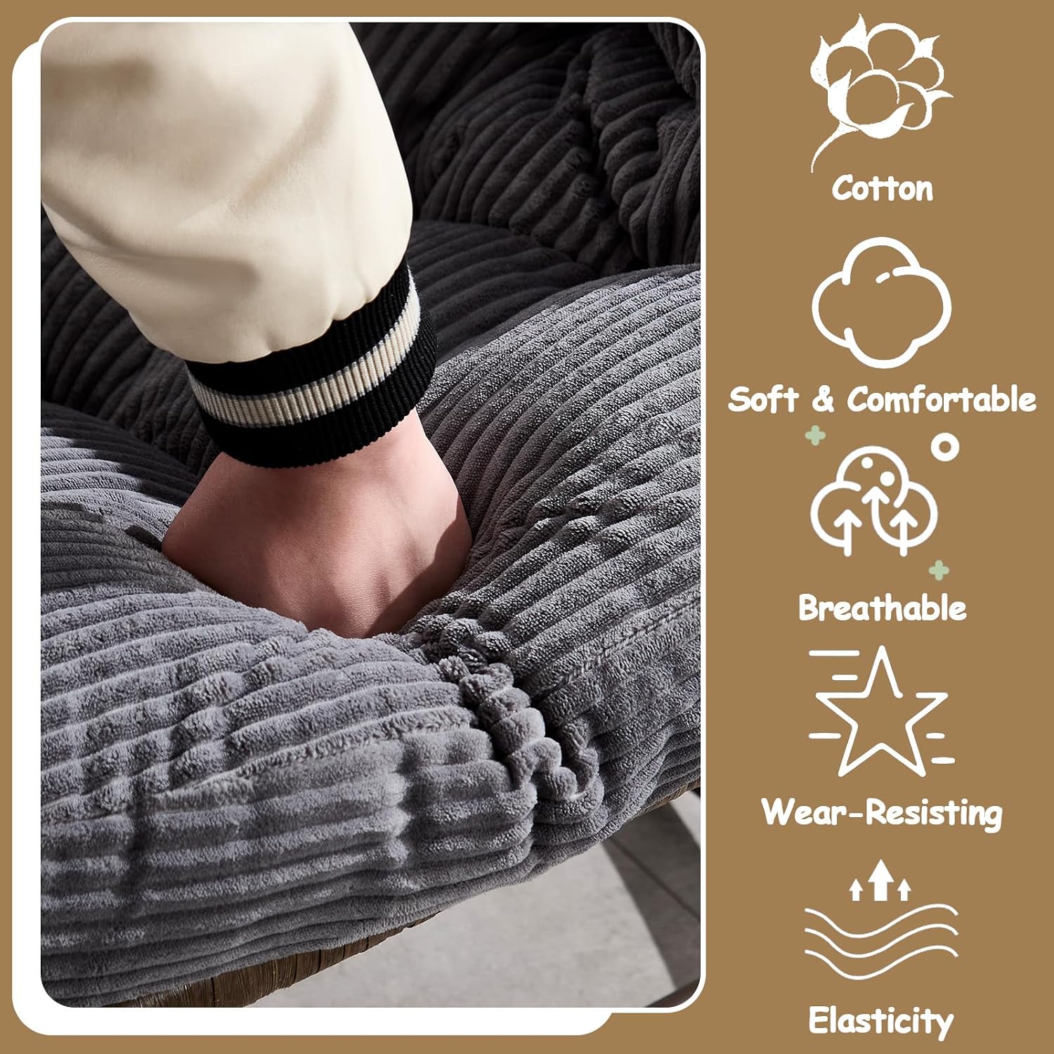 37' Papasan Rocking Chair with Cushion and Steel Frame, Oversized Outdoor Egg Rocking Chair, Rattan Circle Chairs for Grand Patio and Garden (Grey+Corduroy)