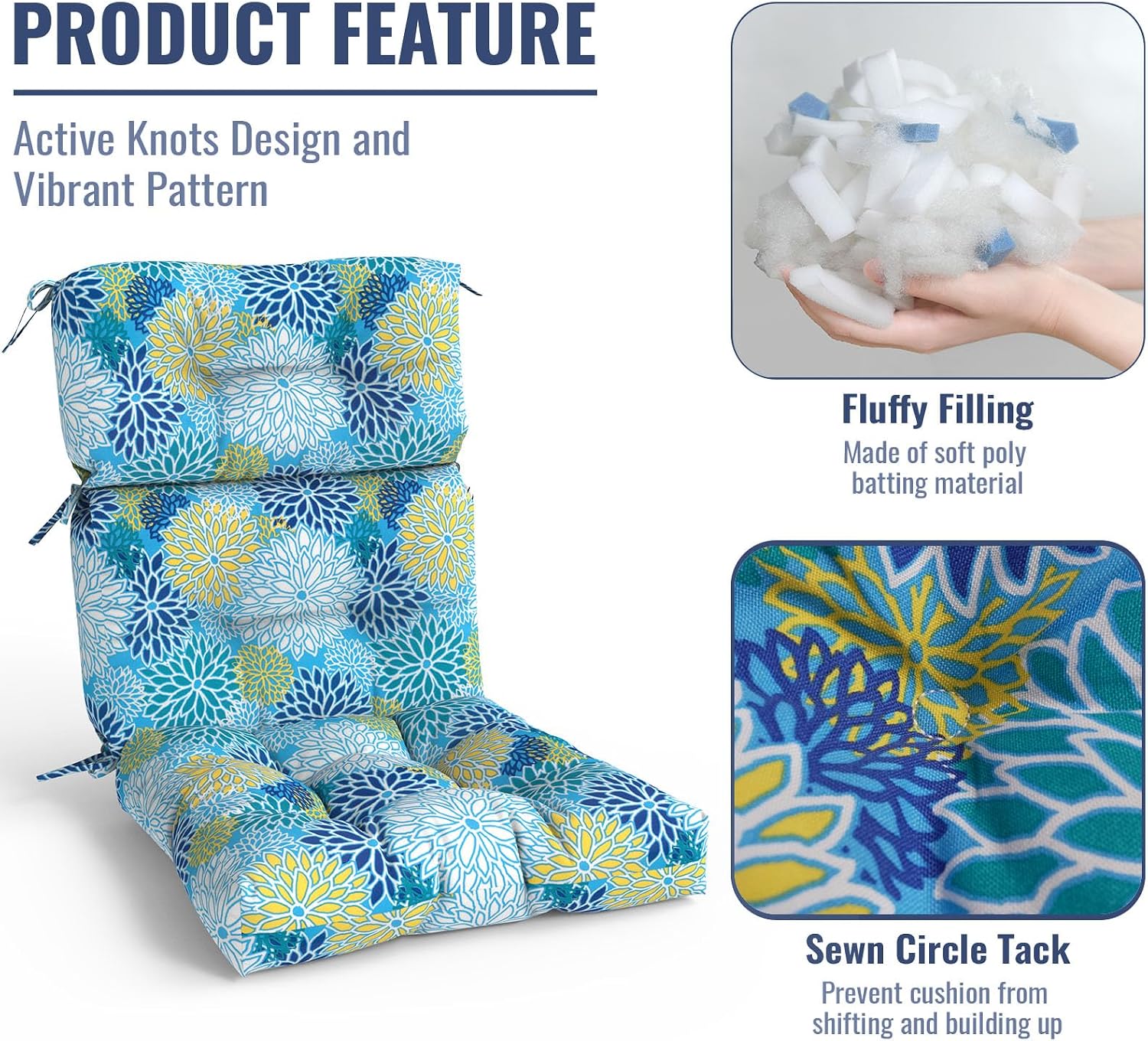 Outdoor High Back Patio Chair Cushions, Tufted Rocking Chair Cushions, Adirondack Cushions for Garden Porch Home Office Chairs Use, 44' x 22' x 4', 2 Pack, Dahlia Blue