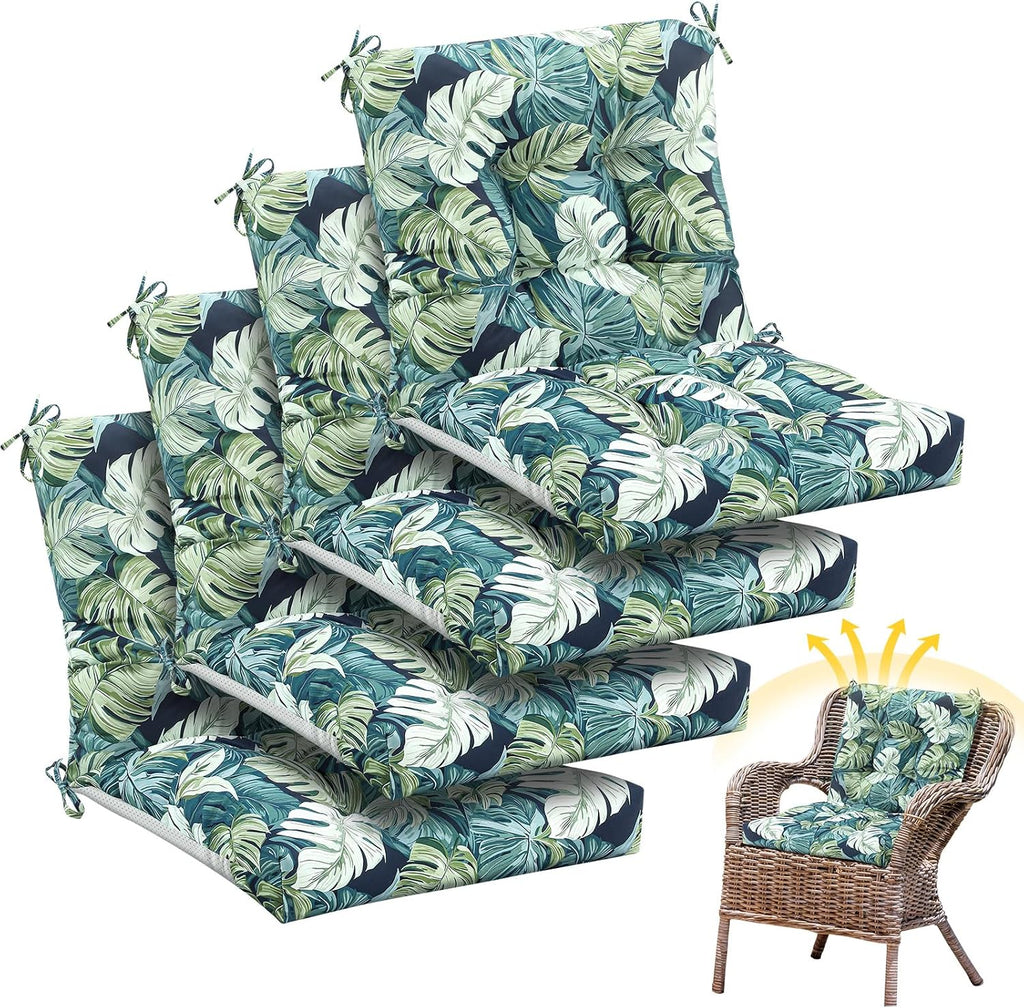 Marsui 4 Pcs Outdoor Indoor High Back Chair Cushions Patio Furniture Tufted Pillow with Ties Water-Resistant Replacement Outdoor Rocking Chair Cushions, 42 x 21 Inches (Green,Leaves)