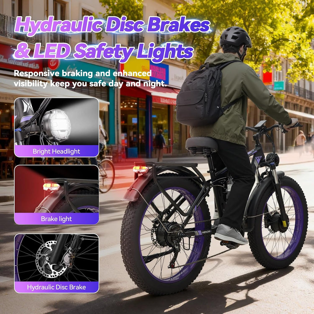 MENORX Dual Motor Electric Bike,26'x4'Fat Tire Electric Bike,Up to 5000W/7000W Peak, 60V/25Ah & 52V/23Ah Lithium Battery,Up to 45/50MPH &105 Miles Range E Bike