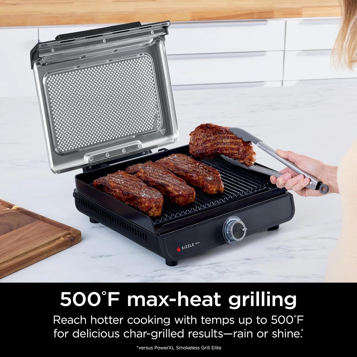 Sizzle GR100 Smokeless Indoor Grill, 500°F High Heat Kitchen Grill with Nonstick 14-Inch Plate, Low-Smoke Technology, Edge-to-Edge Heating, Family-Sized Capacity, Countertop Cooking Tool.