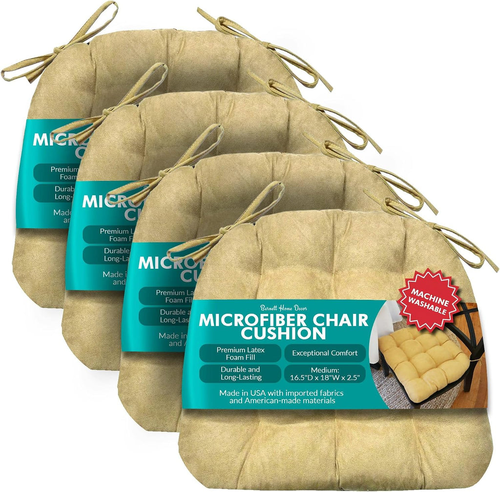 Barnett Home Decor Microsuede Dining Chair Cushions with Ties, 16.5 x 18 Inches, Pack of 4 – Machine Washable, Reversible with Plush Latex Foam Fill for Comfortable Seating – Camel (Tan)