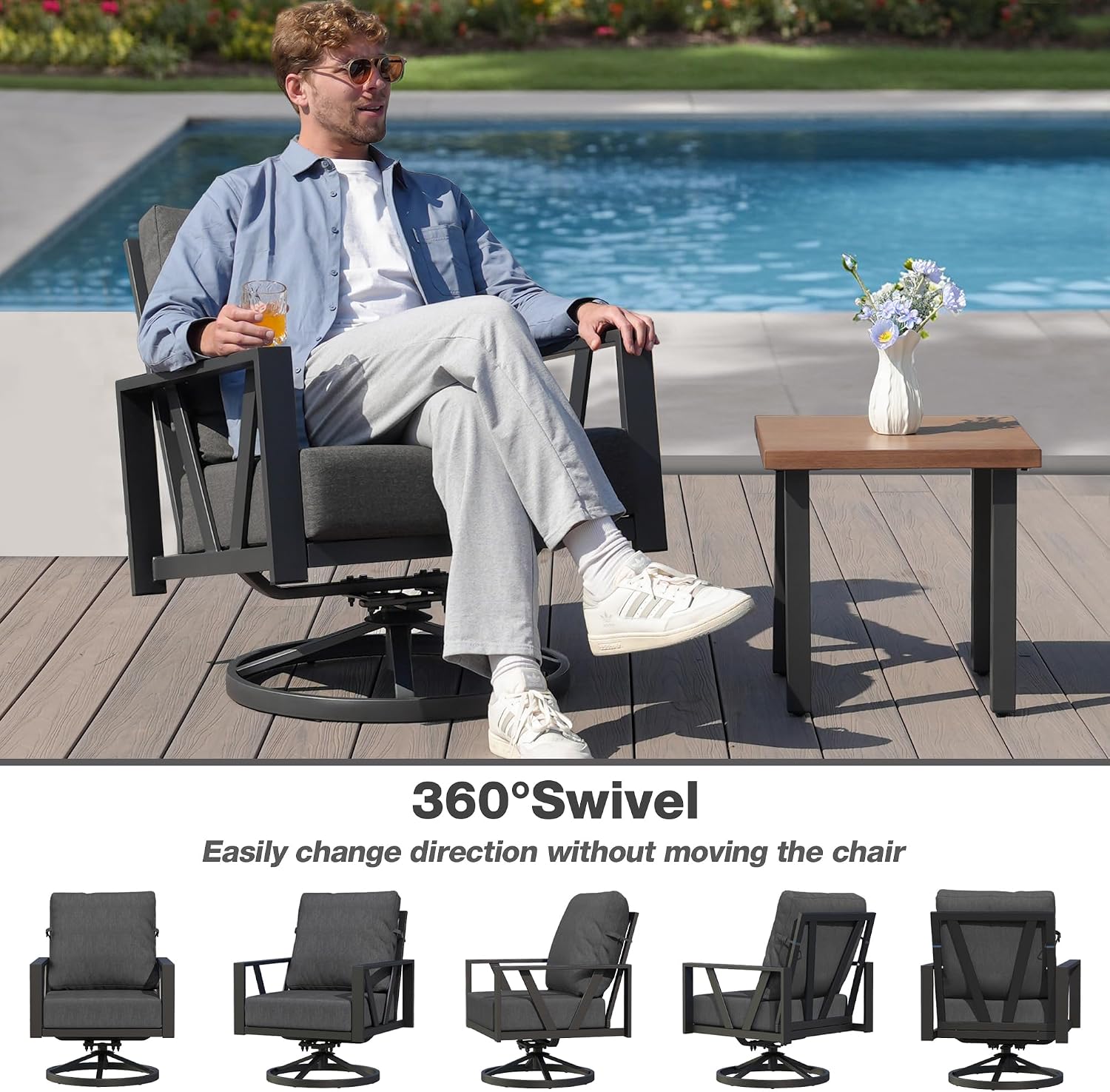 Outdoor Patio Swivel Rocking Chairs Set, Patio Porch Furniture with 6' Thick Cushions, 3 Pieces Outdoor Bistro Set with Coffee Table for Balcony, 350lbs, Dark Grey