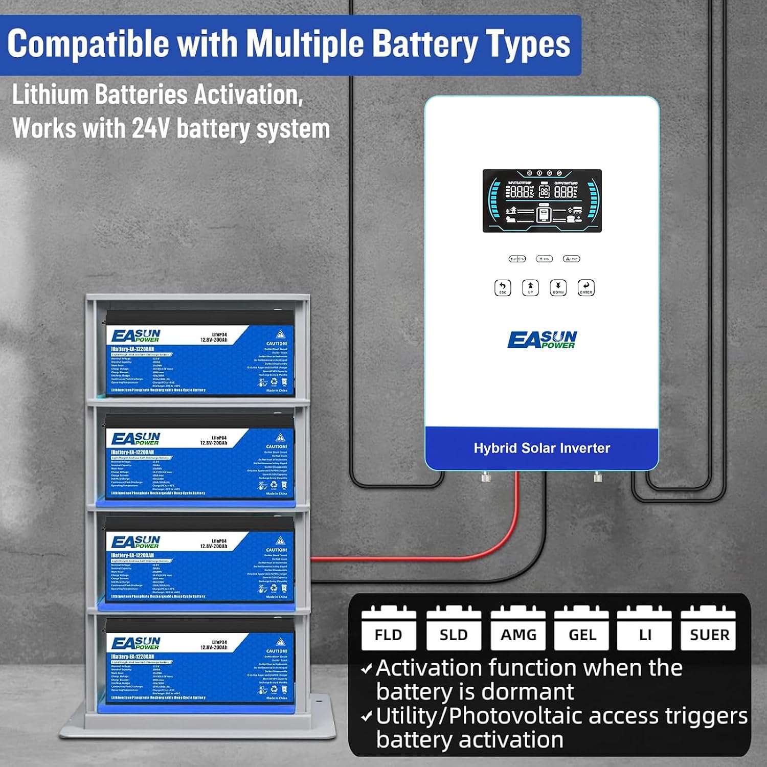 POWLAND 4000W Solar Hybrid Inverter, Pure Sine Wave Inverter 24V to 110V/120V & Built-in 60A MPPT Controller, Work with 24V Lead Acid/LiFePO4 for Homes, RVs