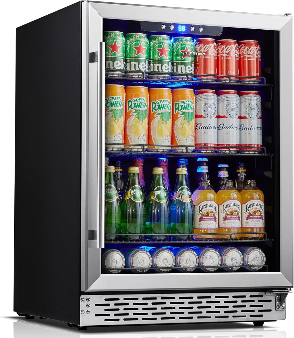 24 inch Beverage Cooler Refrigerator, 170 Cans Freestanding/Built in Dual Zone Beverage Fridge Glass Door for Home Kitchen