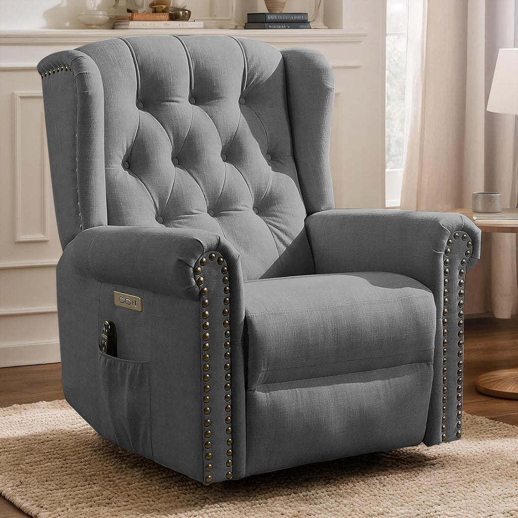VIVIJASON Power Swivel Rocking Recliner Chair with Massage & Heat, Electric Rocker Glider Chair for Nursery, Wingback Tufted Upholstered Recliner W/Type-C & USB Ports for Living Room, Bedroom, Grey