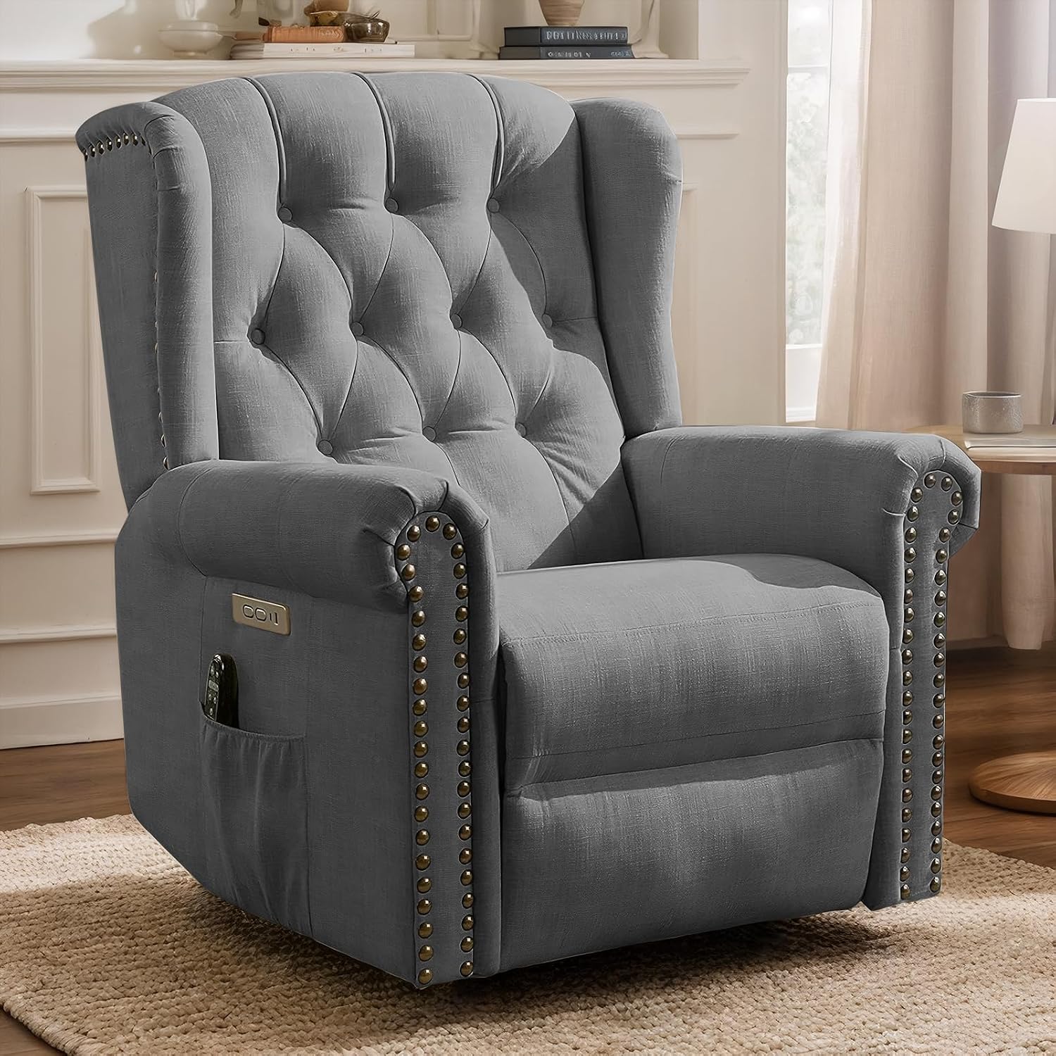 VIVIJASON Power Swivel Rocking Recliner Chair with Massage & Heat, Electric Rocker Glider Chair for Nursery, Wingback Tufted Upholstered Recliner W/Type-C & USB Ports for Living Room, Bedroom, Grey