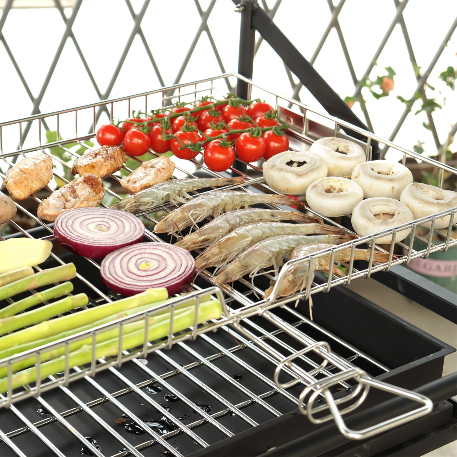 360° Rotating Charcoal Grills, Stainless Steel Flipping Barbecue Grill Portable BBQ Skewer Folded Camping Lightweight Smoker Barbecue for Picnics Garden Beach Party