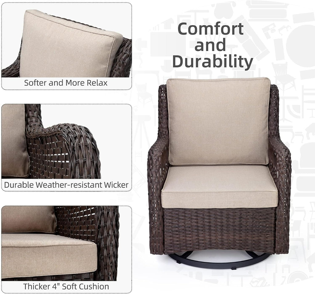 GarveeLife 3 Pieces Outdoor Swivel Chair Set, Wicker Swivel Rocker Patio Chairs, Thick Cushion and Side Table for Balcony, Porch, Backyard, Garden, Beige