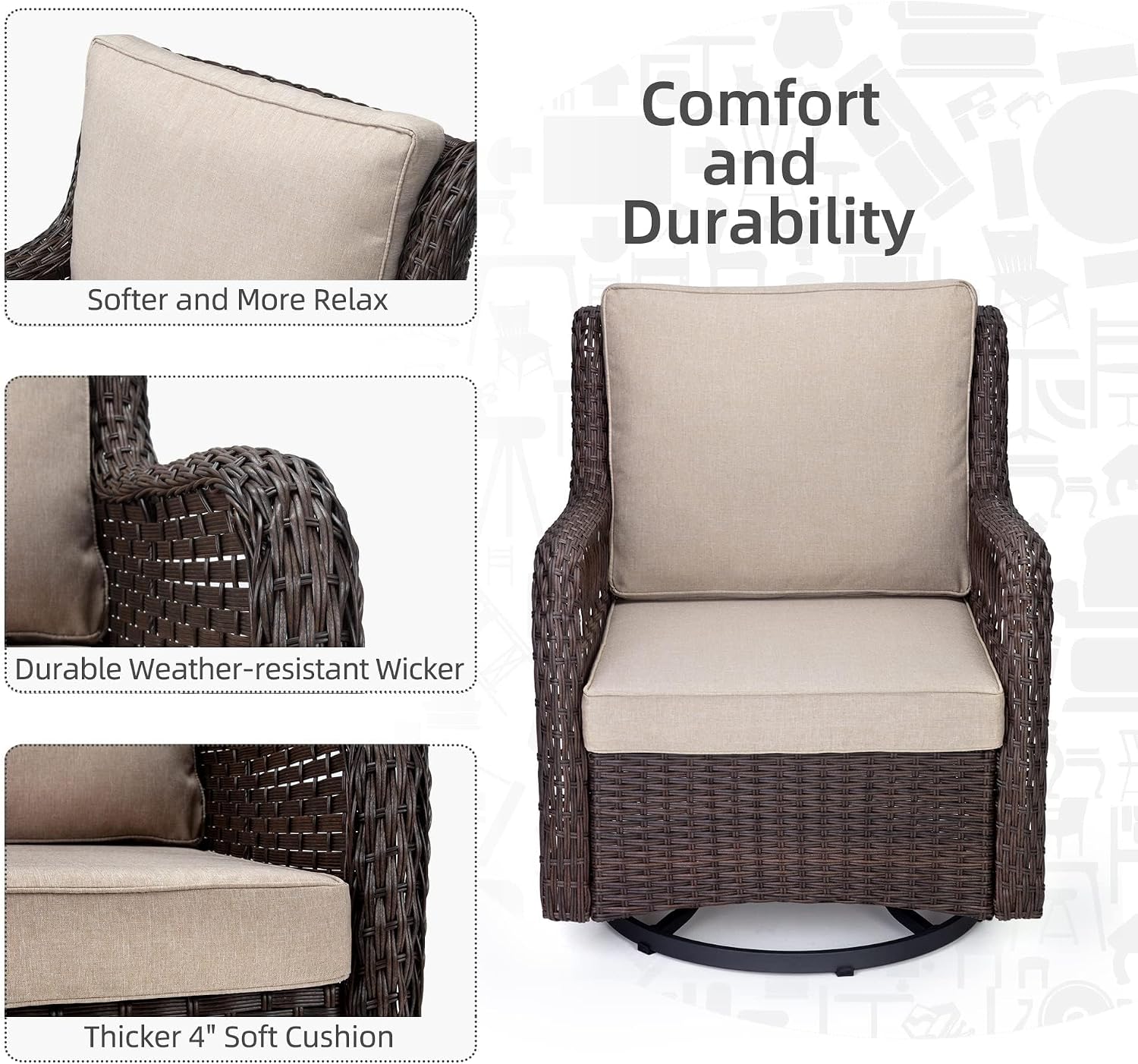 GarveeLife 3 Pieces Outdoor Swivel Chair Set, Wicker Swivel Rocker Patio Chairs, Thick Cushion and Side Table for Balcony, Porch, Backyard, Garden, Beige