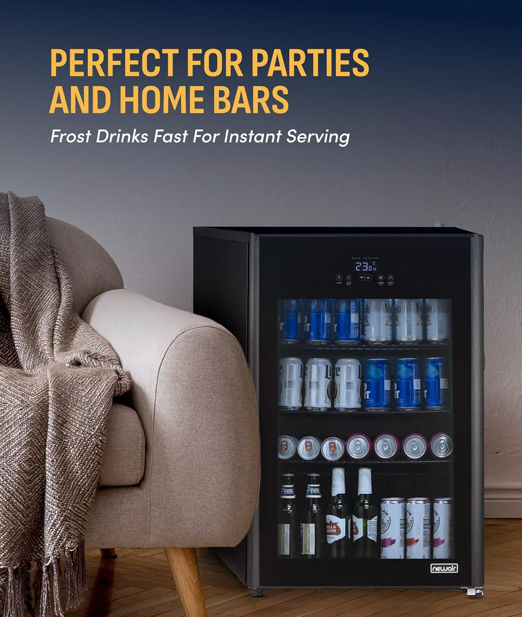 NewAir 125-Can Beer Froster | Ultra-Cold Mini Fridge for Bedroom, Gaming or Office | 23°F Beverage Cooler with Turbo & Party Mode | Black