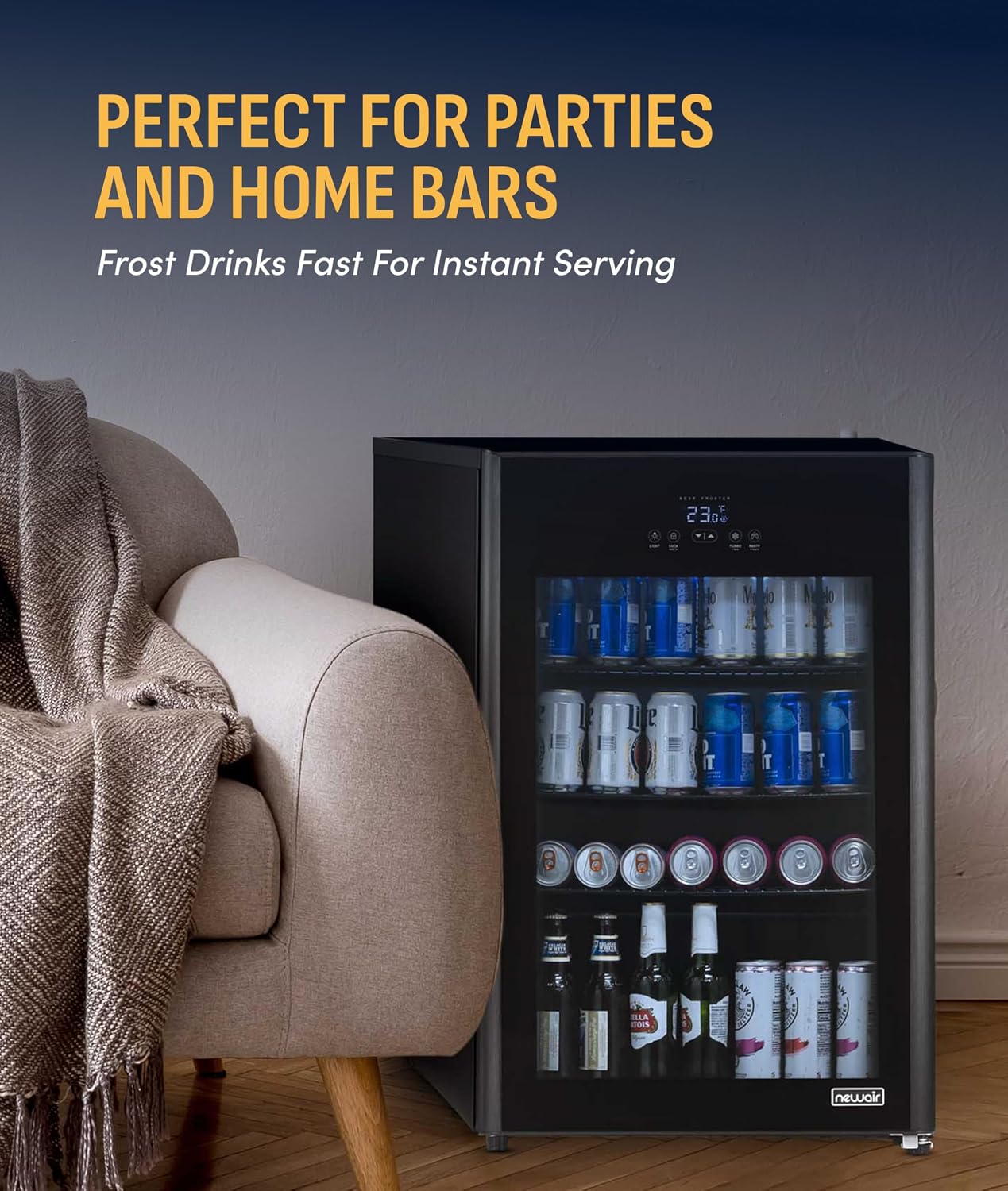 NewAir 125-Can Beer Froster | Ultra-Cold Mini Fridge for Bedroom, Gaming or Office | 23°F Beverage Cooler with Turbo & Party Mode | Black
