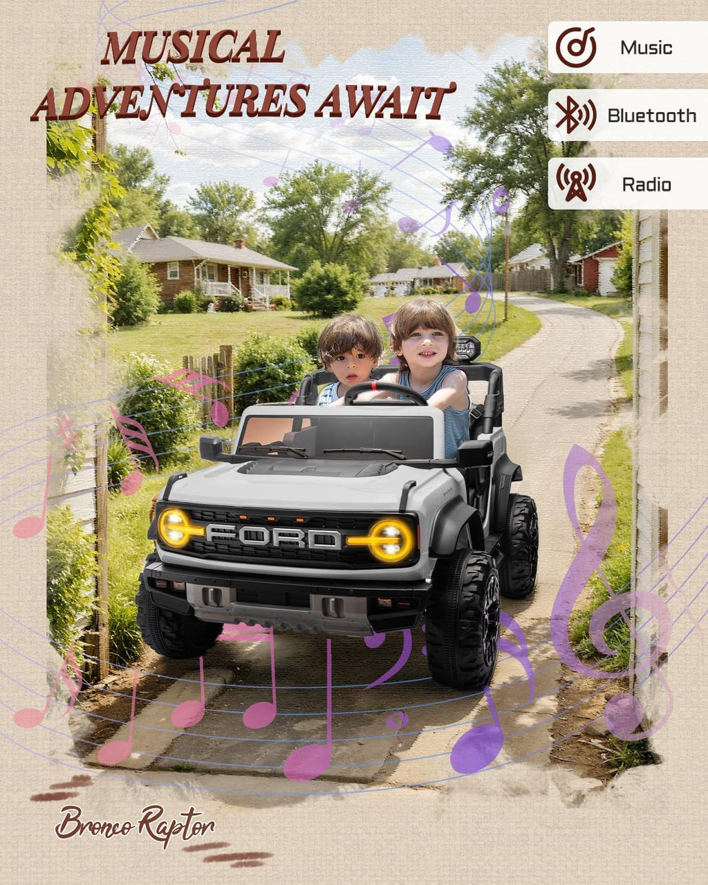 First Ride On Licensed Ford Bronco Raptor 24V 2 Seater Kids Ride on Toys, Battery Powered Electric Ride on Car, Remote Control Electric Car w/Led Lights, Music, High Low Speed (24V, White)